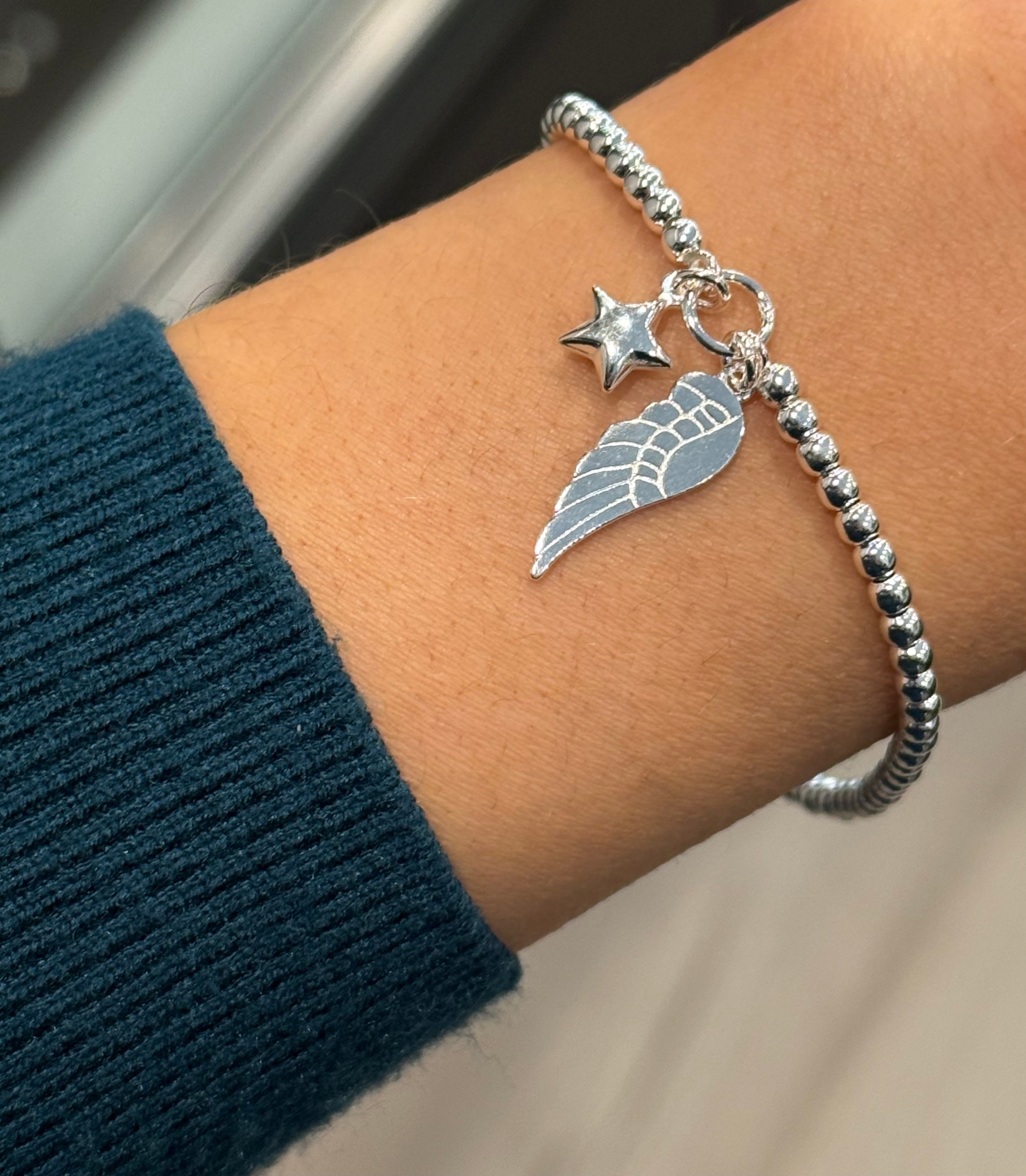 Sterling Silver Angel Wing & Star Beaded Bracelet