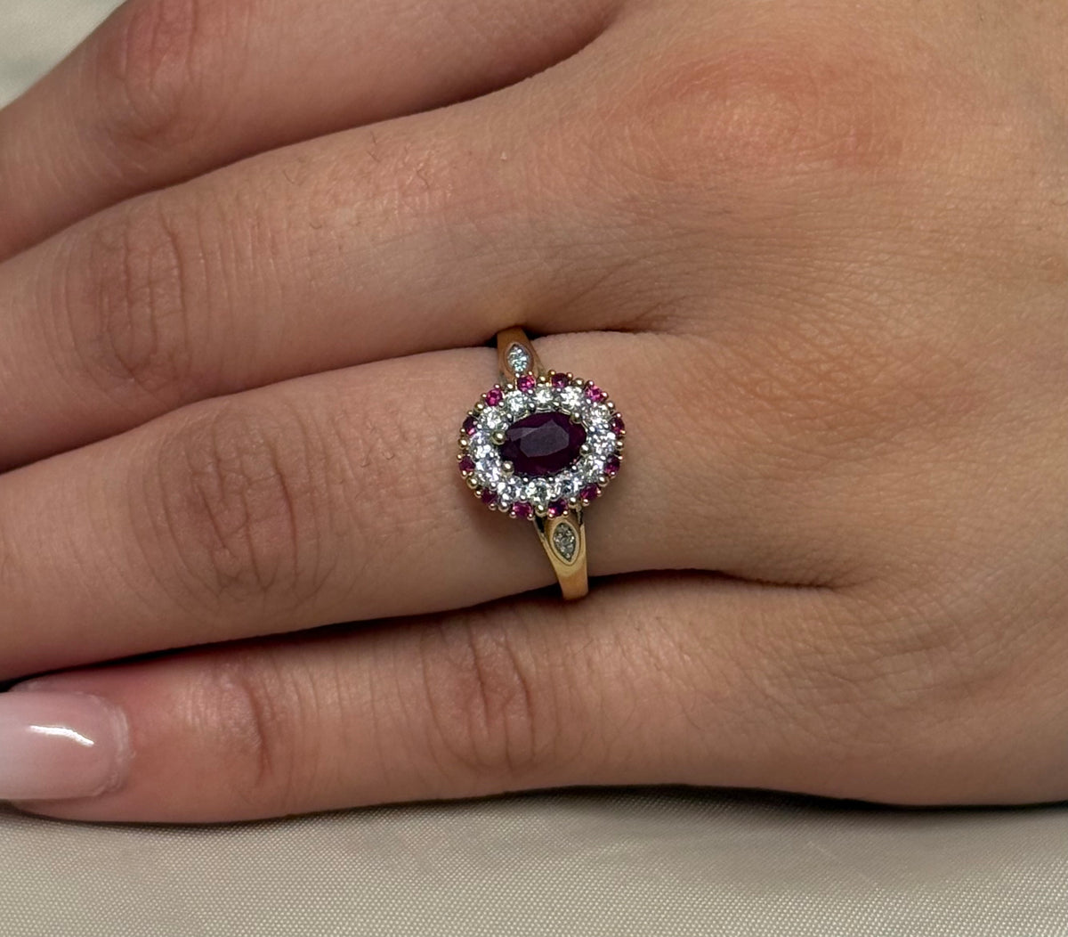 9K Yellow Gold Ruby and Diamond Vintage Style Oval Ring