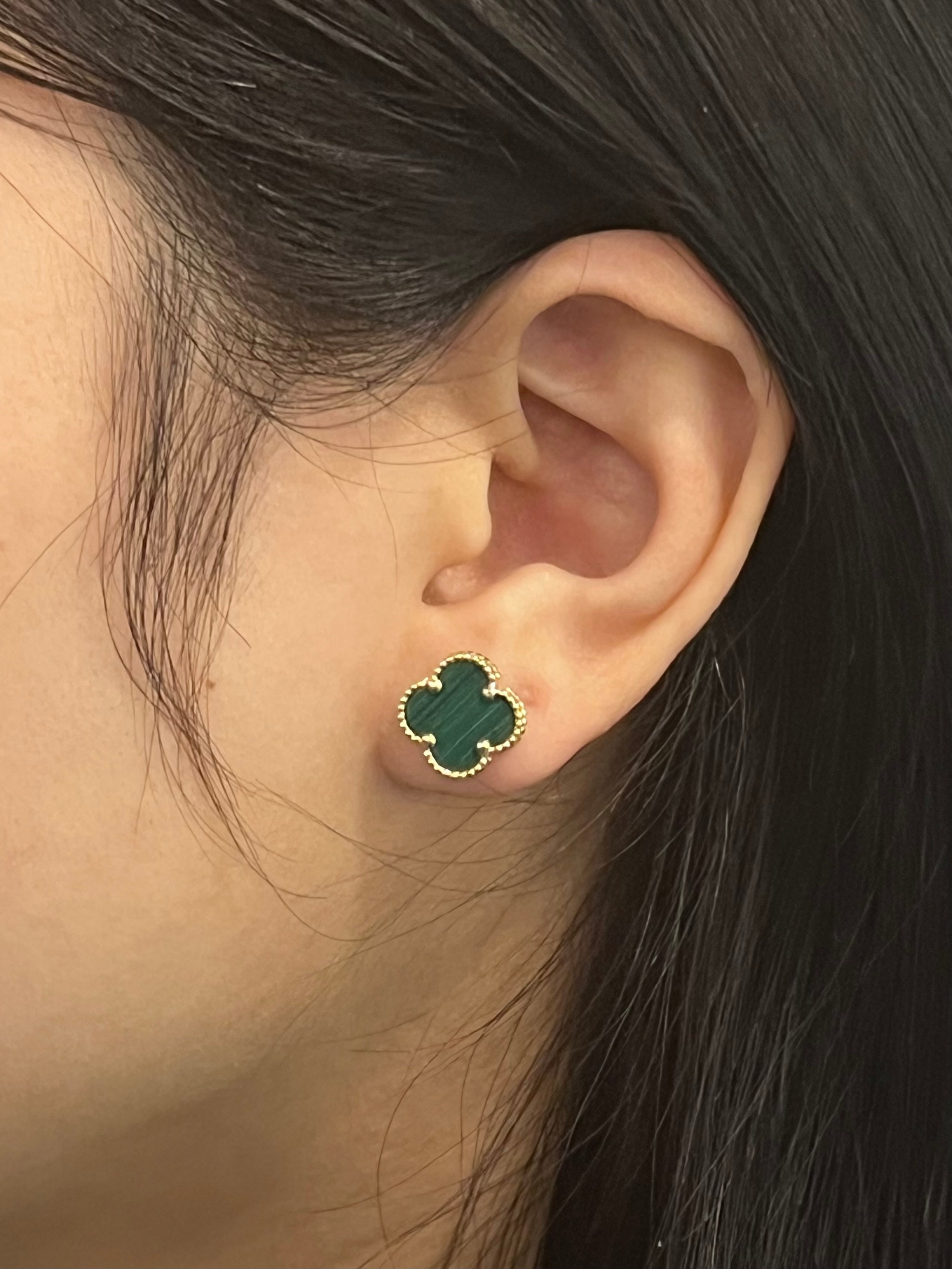 9ct Yellow Gold Large Beaded Malachite Clover Studs