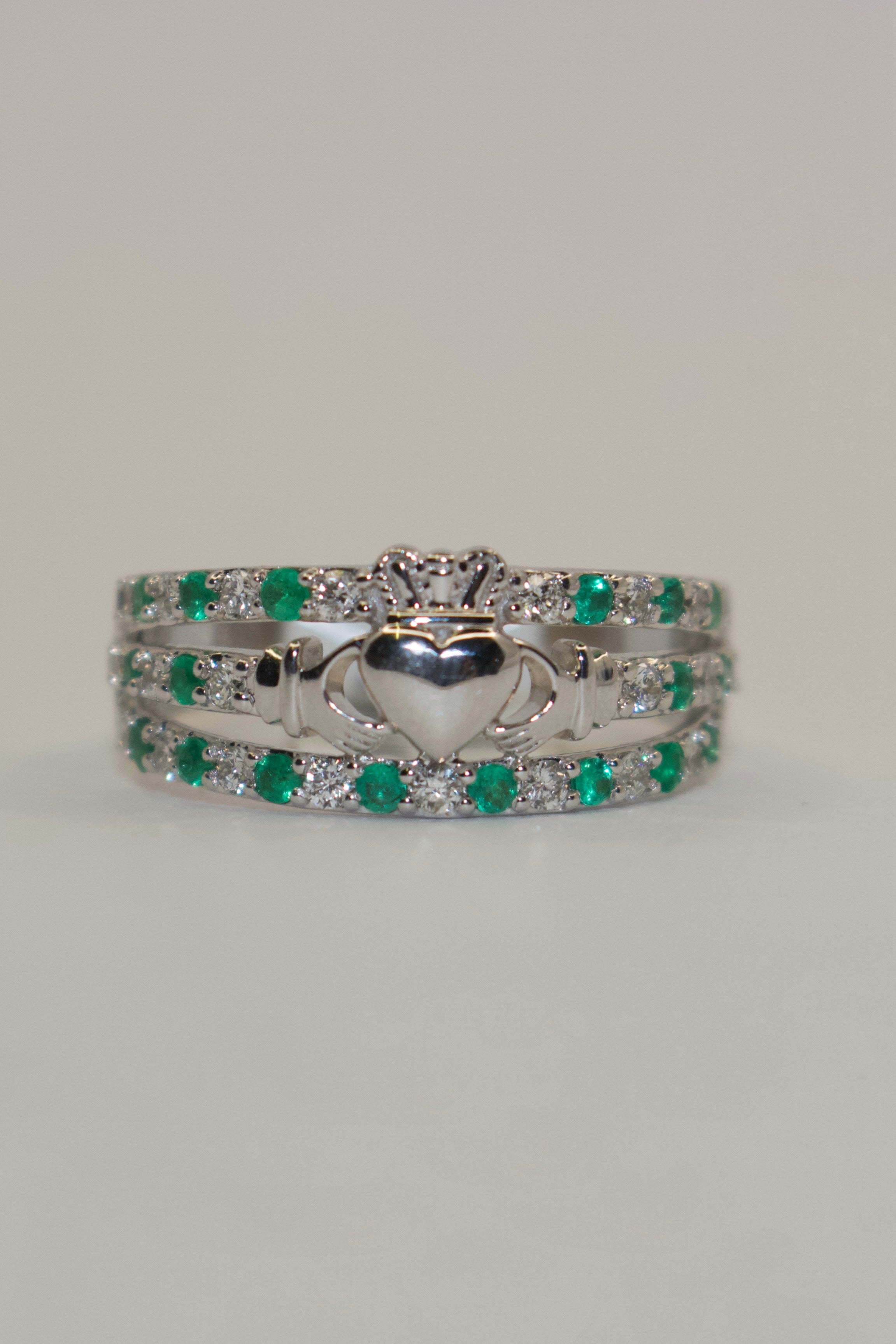 14K White Gold Emerald and Diamond Triple Band Claddagh Ring