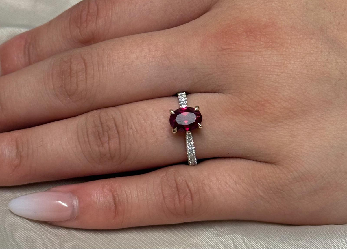 9ct Yellow Gold Lab Grown Oval Cut Ruby with Diamond Band