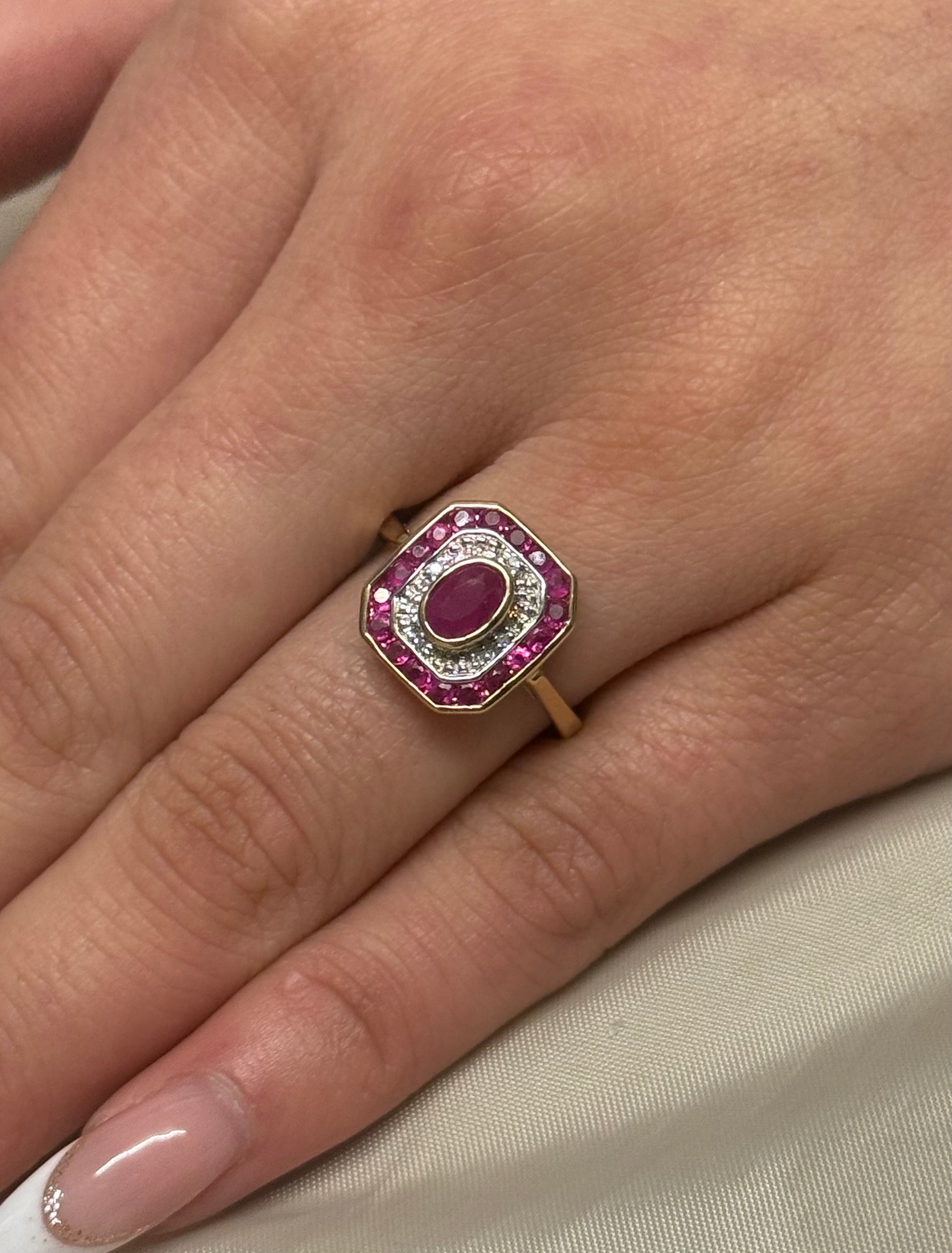 9K Yellow Gold Art Deco Style Ruby and Diamond Ring