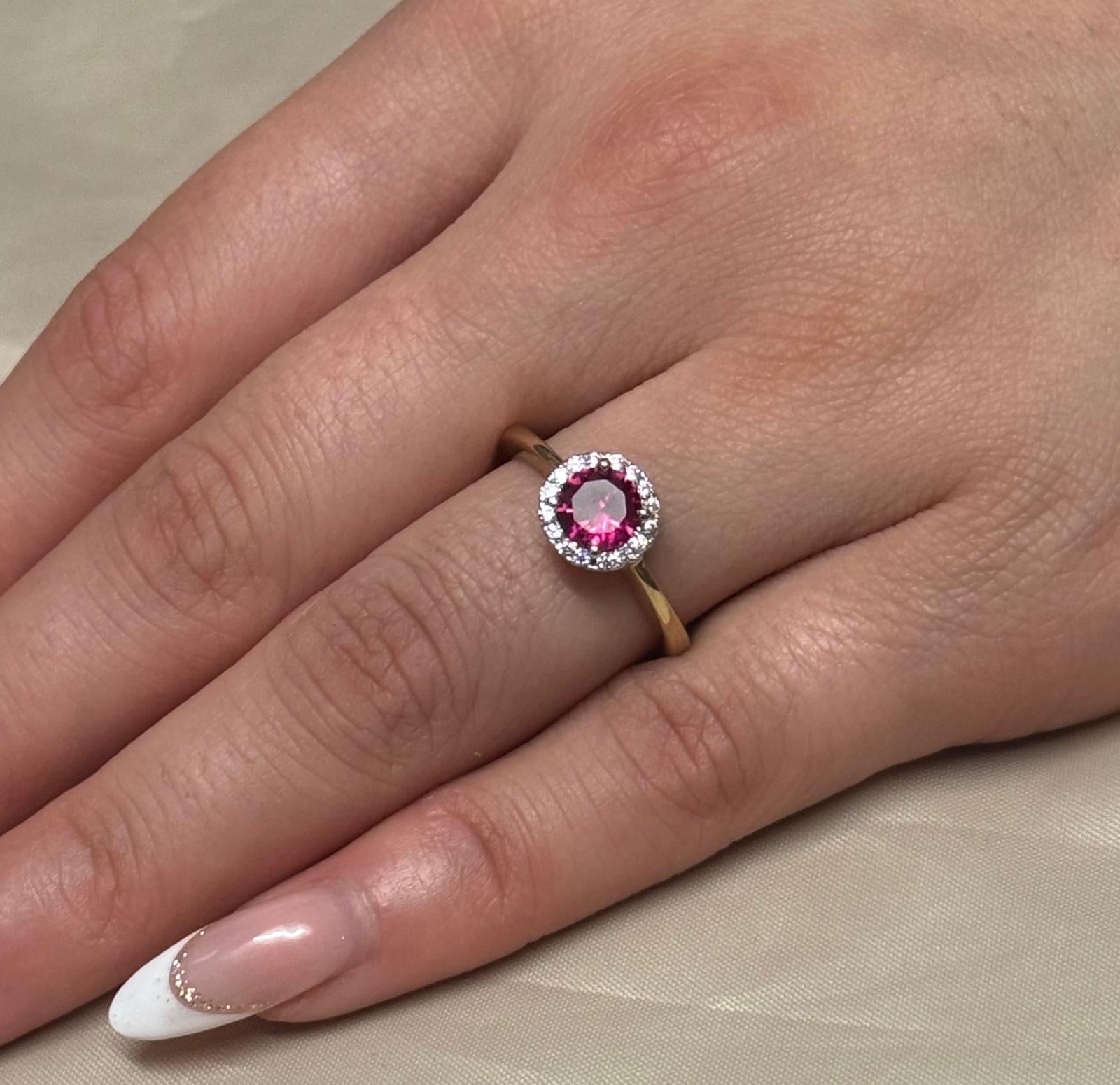9K Yellow Gold Red Stone Ring and CZ Round Halo