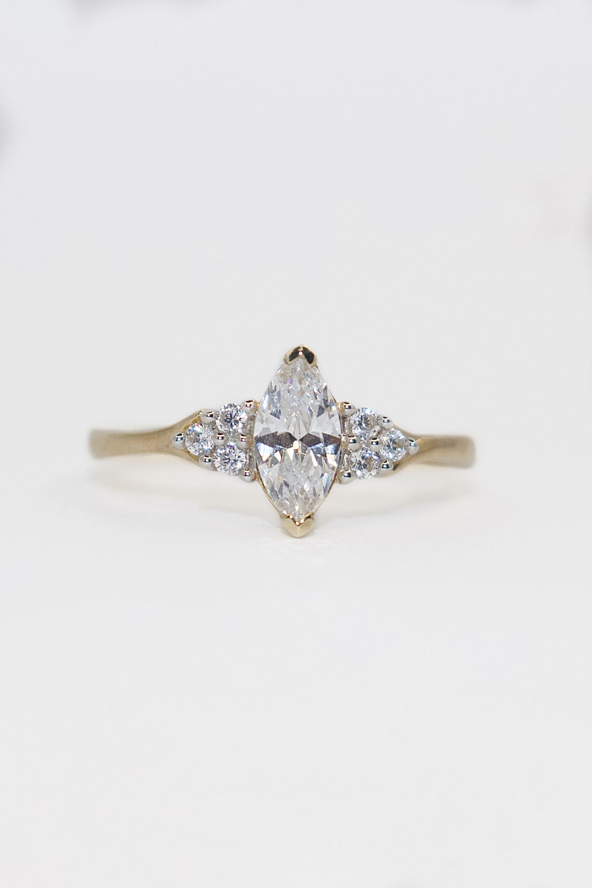 9K Yellow Gold CZ Marquise with Cluster Side Stones
