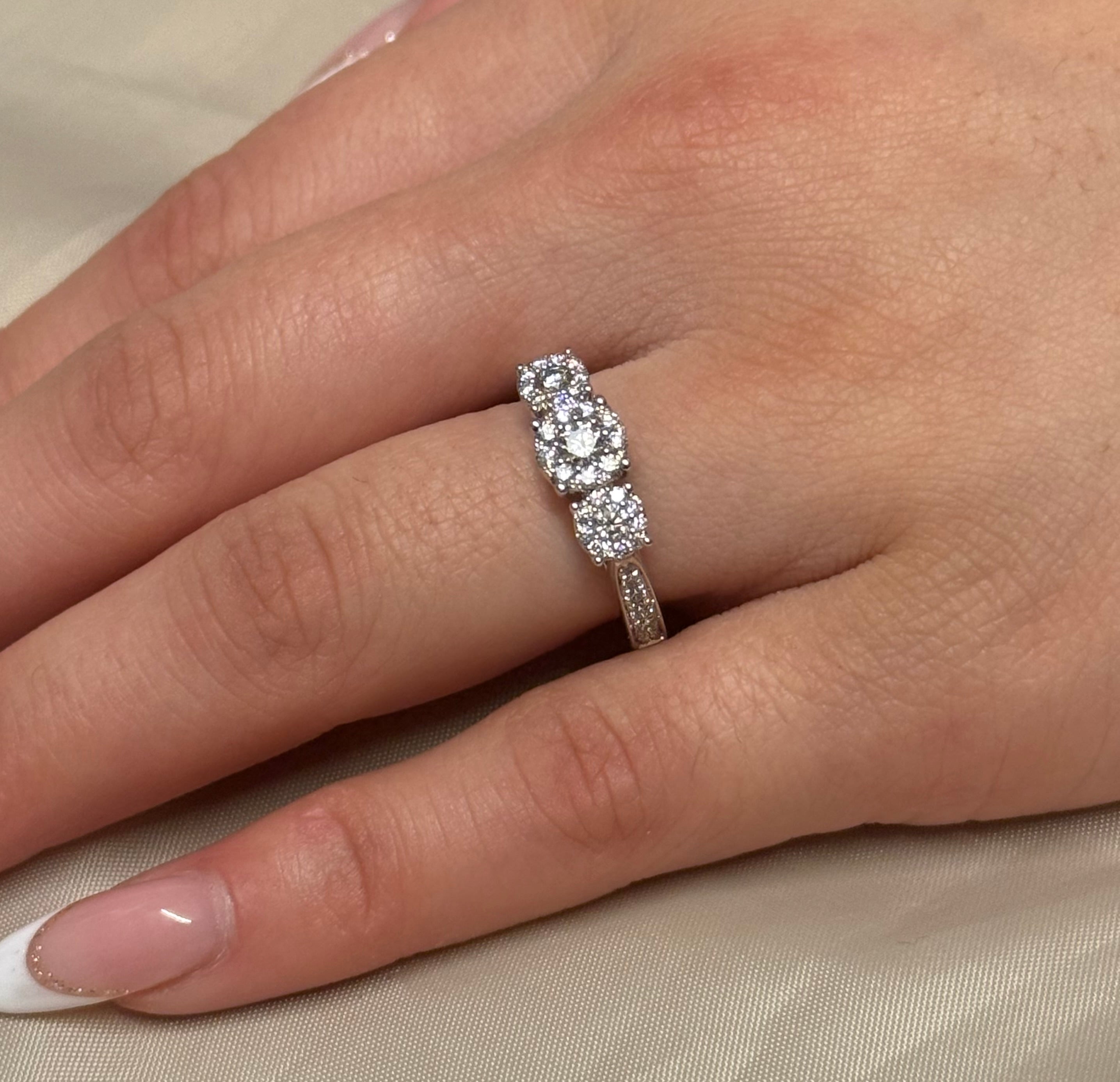 9K White Gold Illusion Three Stone with Diamond Band
