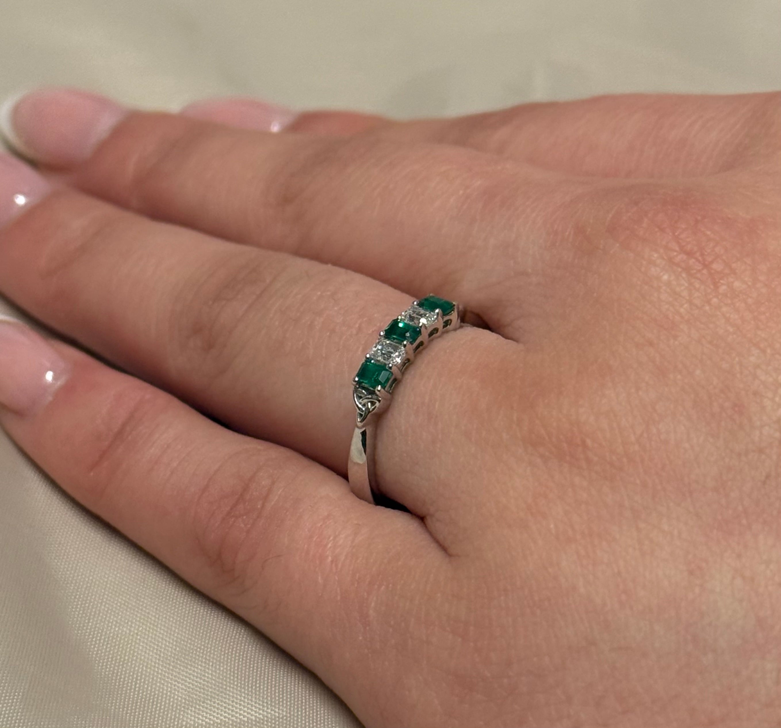 9K White Gold Five Stone Emerald Cut Laboratory Grown Emerald and Diamond Ring with Trinity Accent