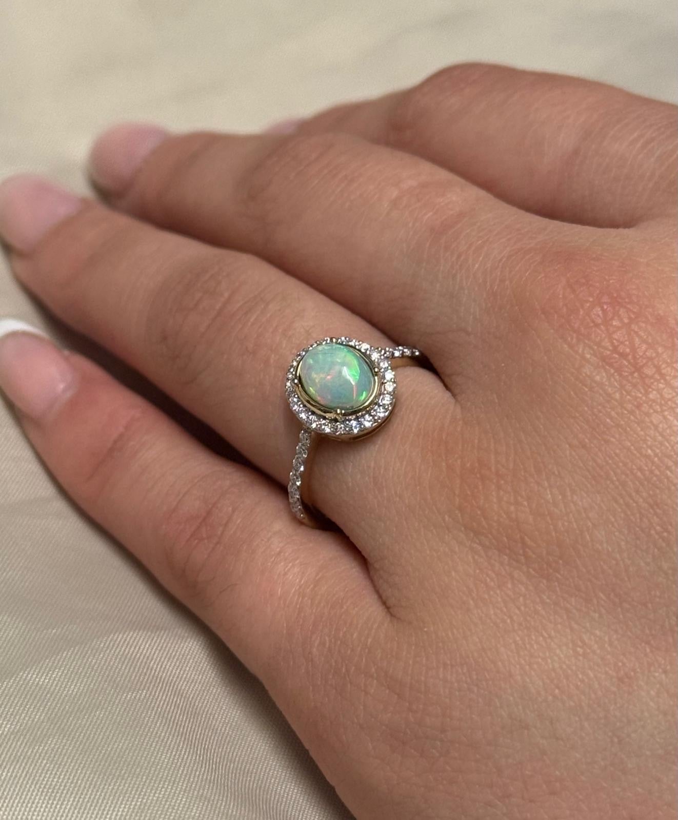 9K Yellow Gold Oval Opal with Diamond Halo and Band