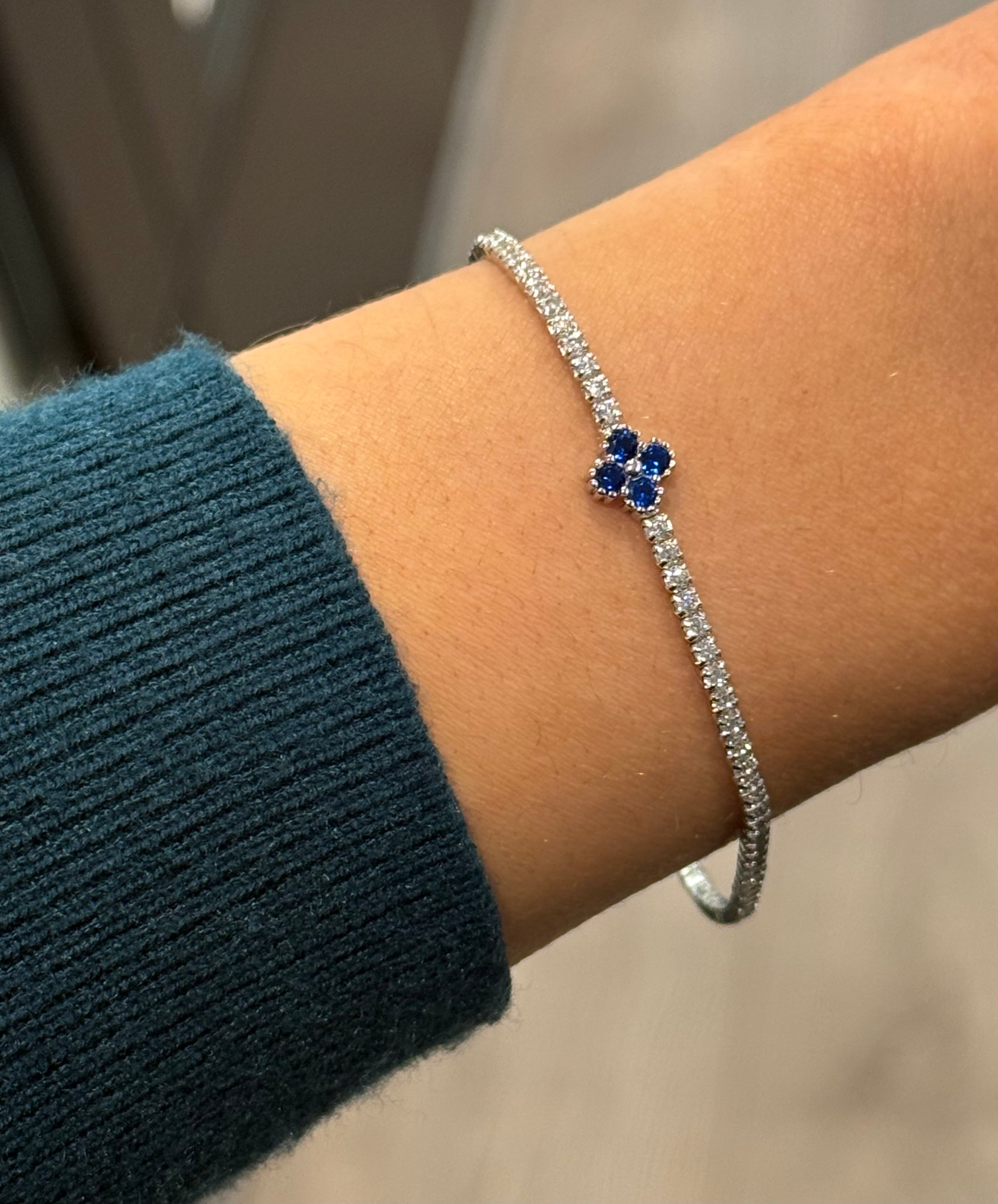 Sterling Silver Blue Cz Clover Tennis Bracelet