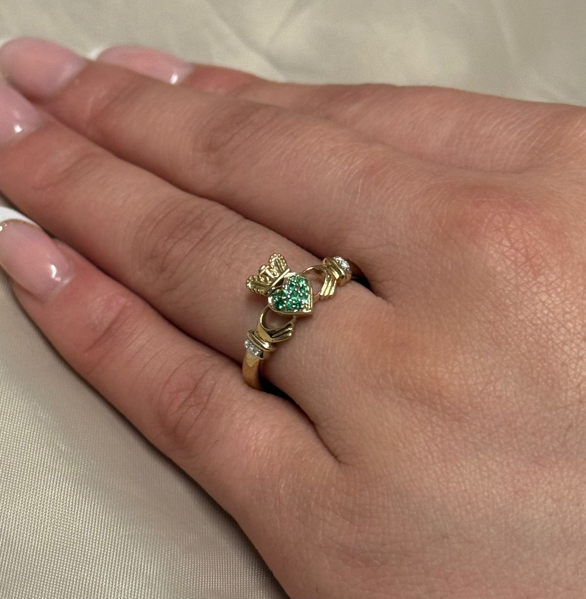 9K Yellow Gold Emerald and Diamond Claddagh Ring
