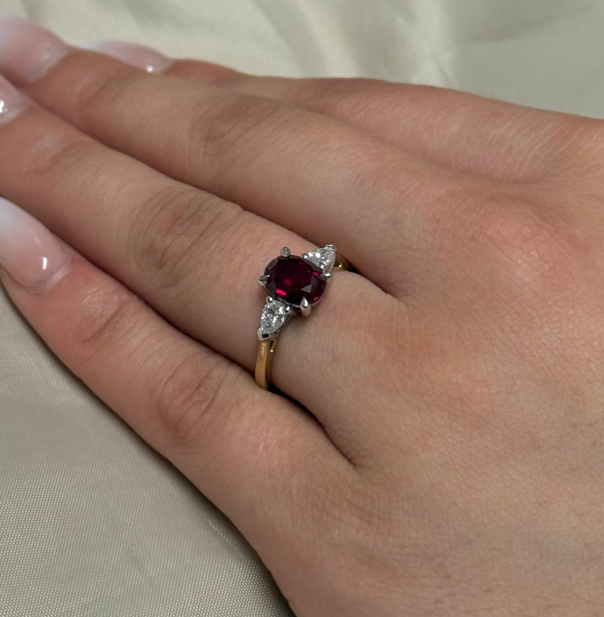 9ct Yellow Gold Lab Grown Ruby and Diamond Oval and Pear Three Stone Ring