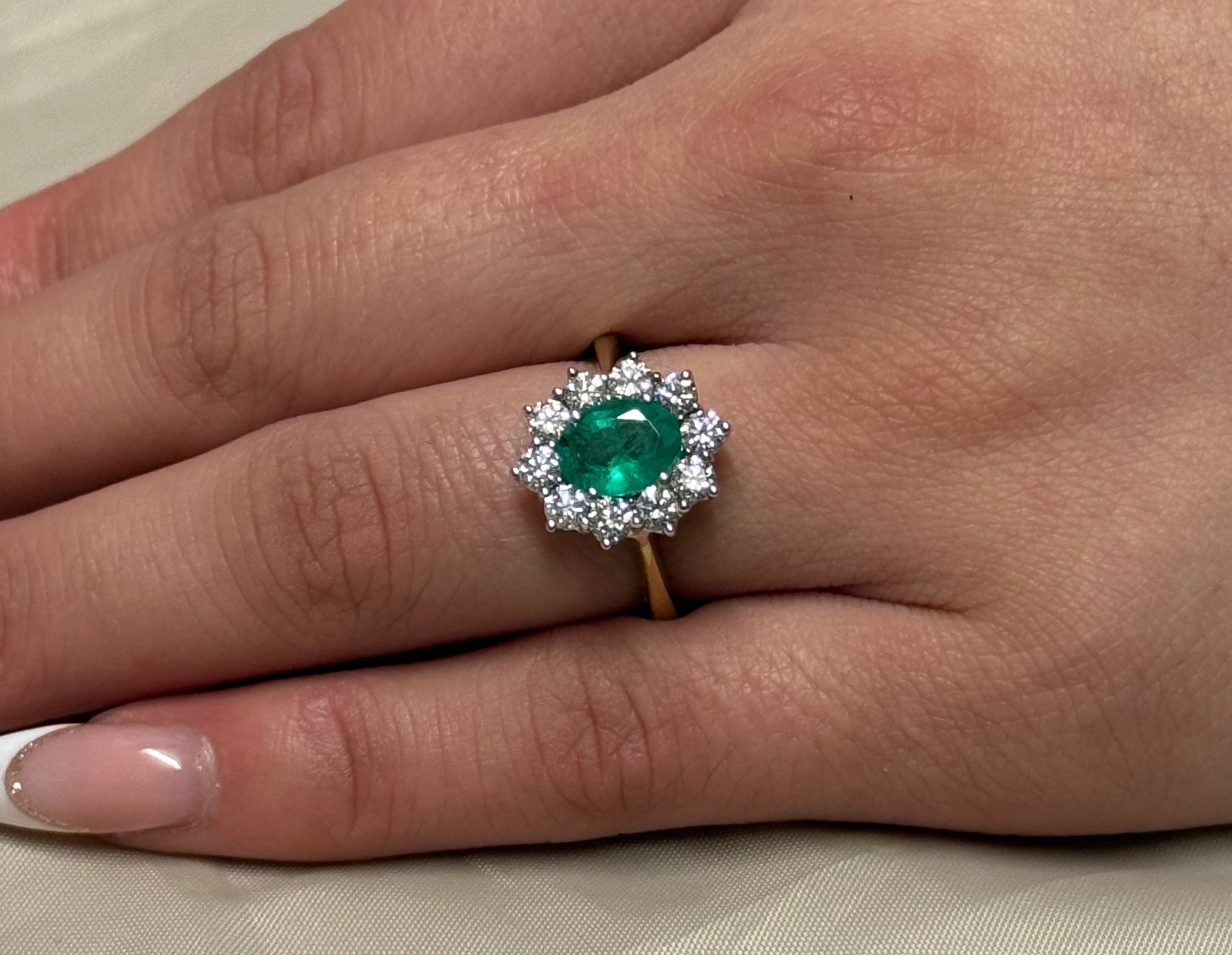 9K Yellow Gold Large Emerald and Diamond Cluster Ring
