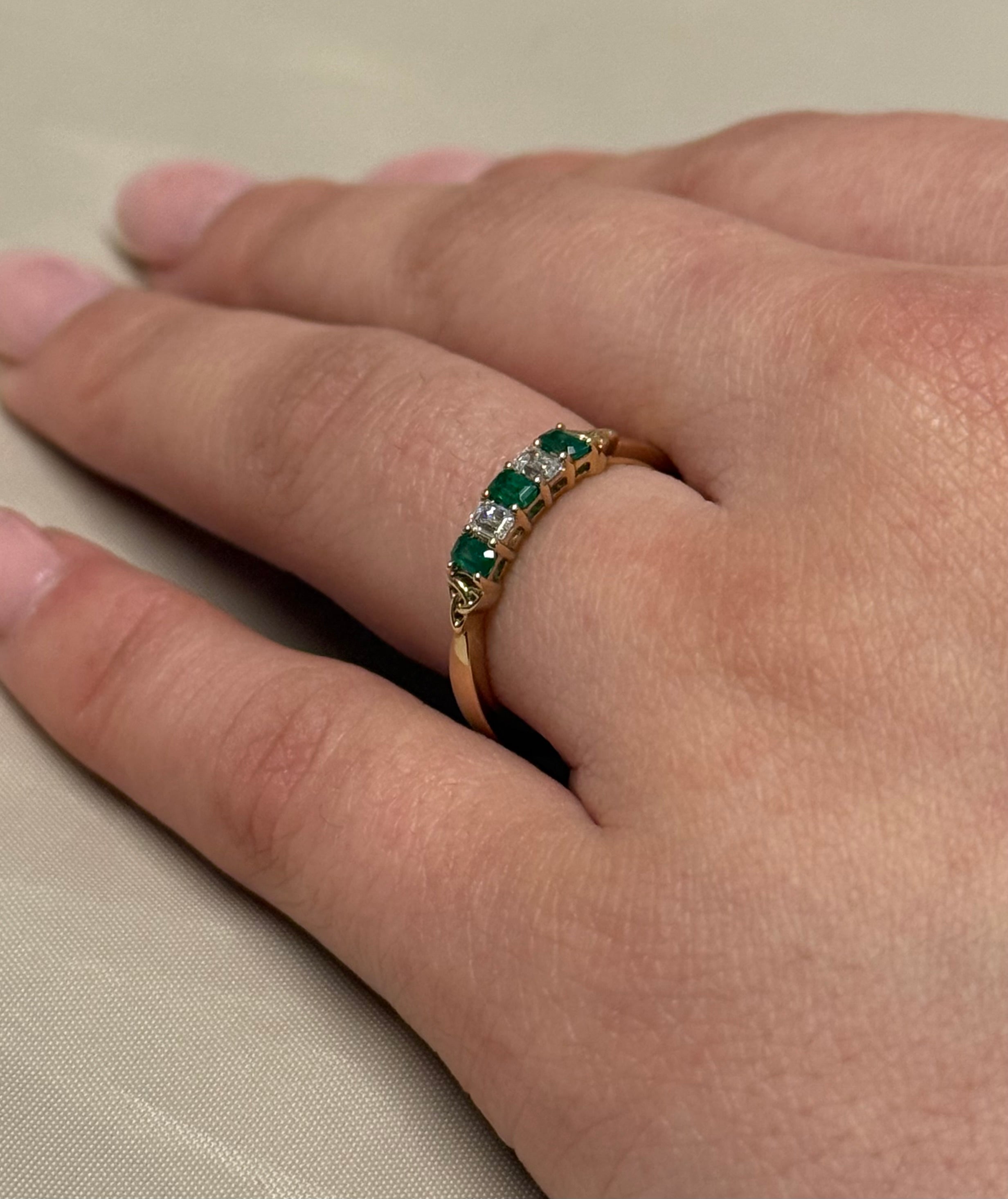 9K Yellow Gold Five Stone Emerald Cut Laboratory Grown Emerald and Diamond Ring with Trinity Accent