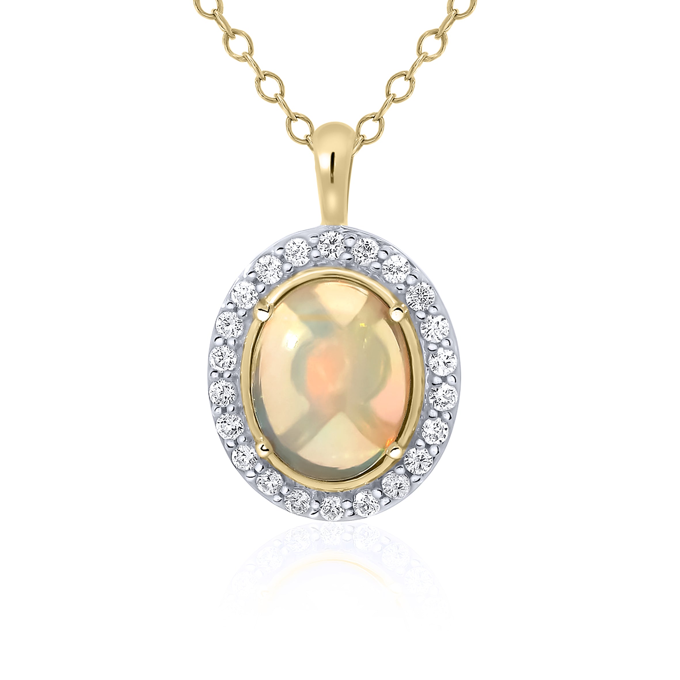 9ct Yellow Gold Opal & Diamond Oval Halo Necklace
