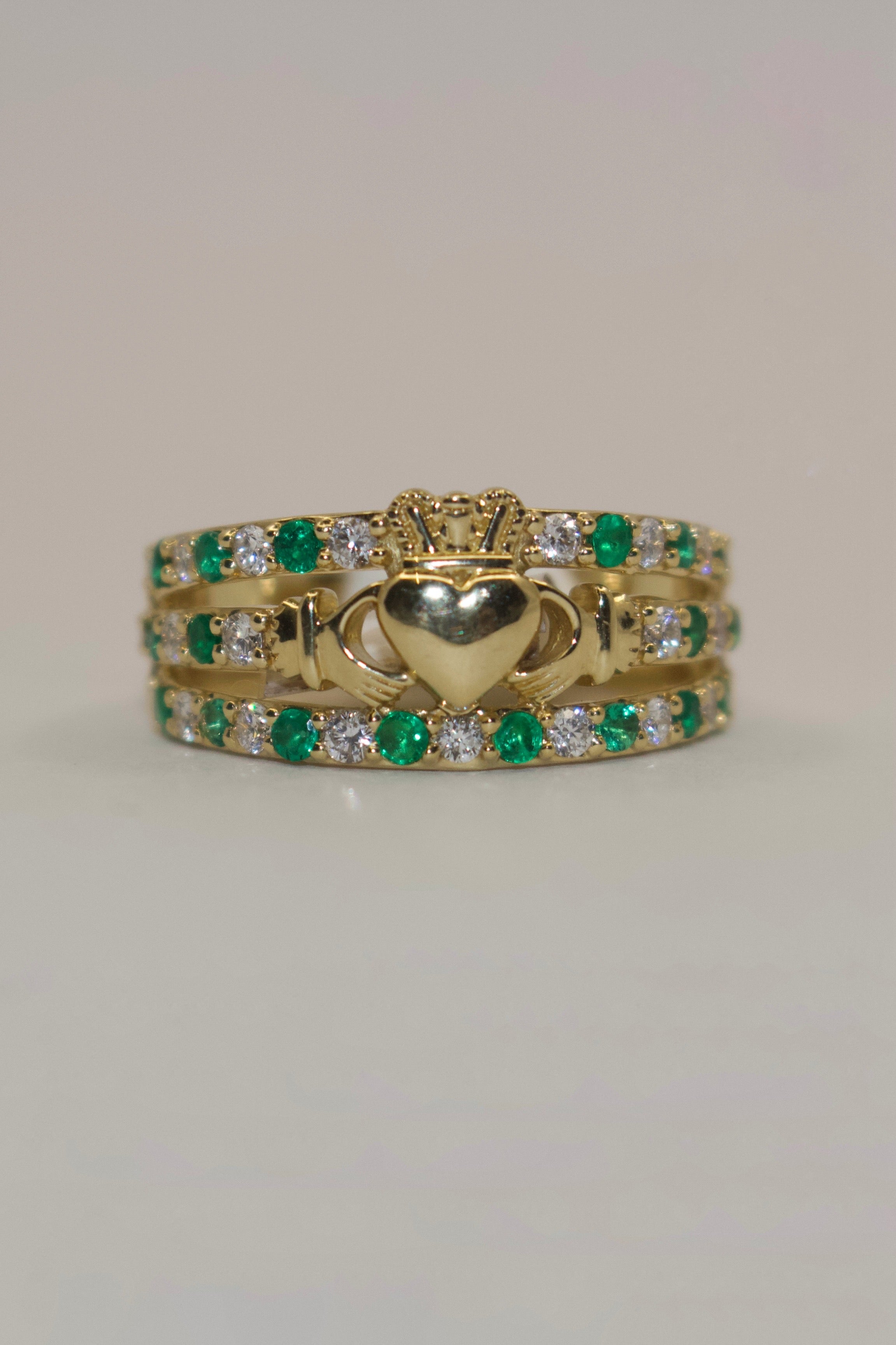 14K Yellow Gold Emerald and Diamond Triple Band Claddagh Ring