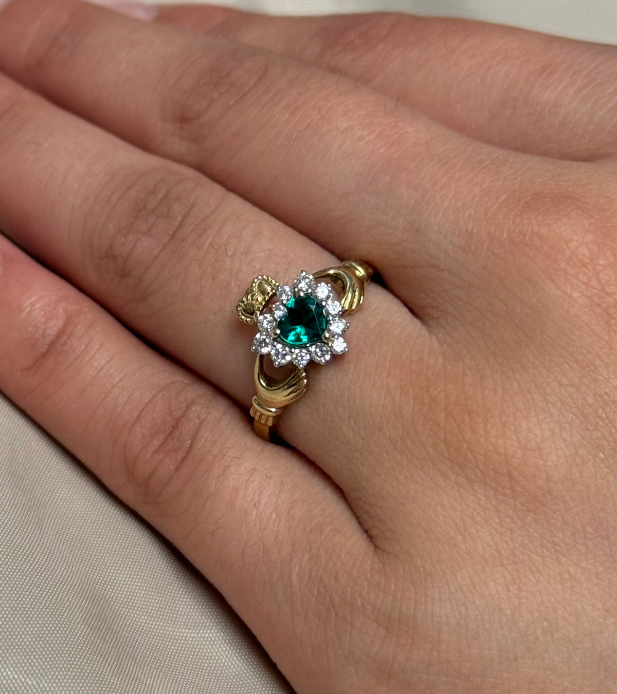 9K Yellow Gold Laboratory Grown Emerald Claddagh with Diamond Halo