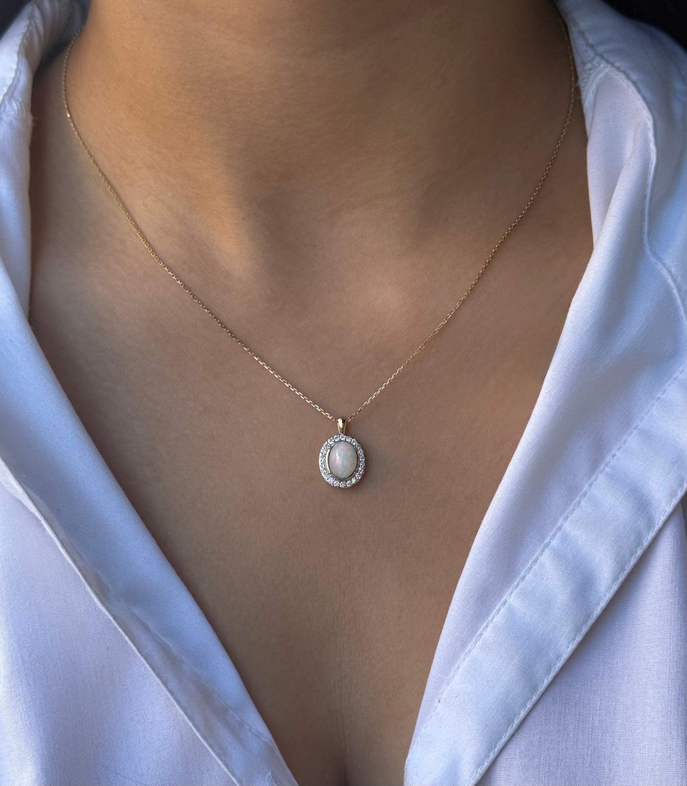 9ct Yellow Gold Opal & Diamond Oval Halo Necklace