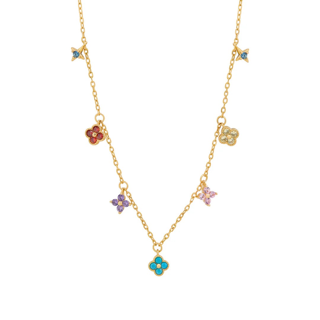 Gold Plated Sterling Silver Multicolour Clover & Flower Necklace