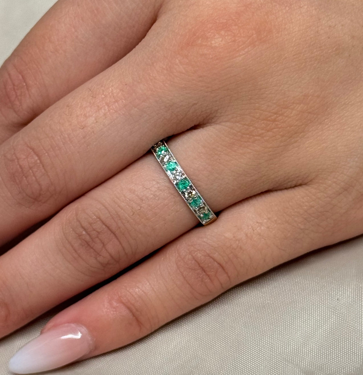 9K Yellow Gold Emerald and Diamond Milgrain Set Band