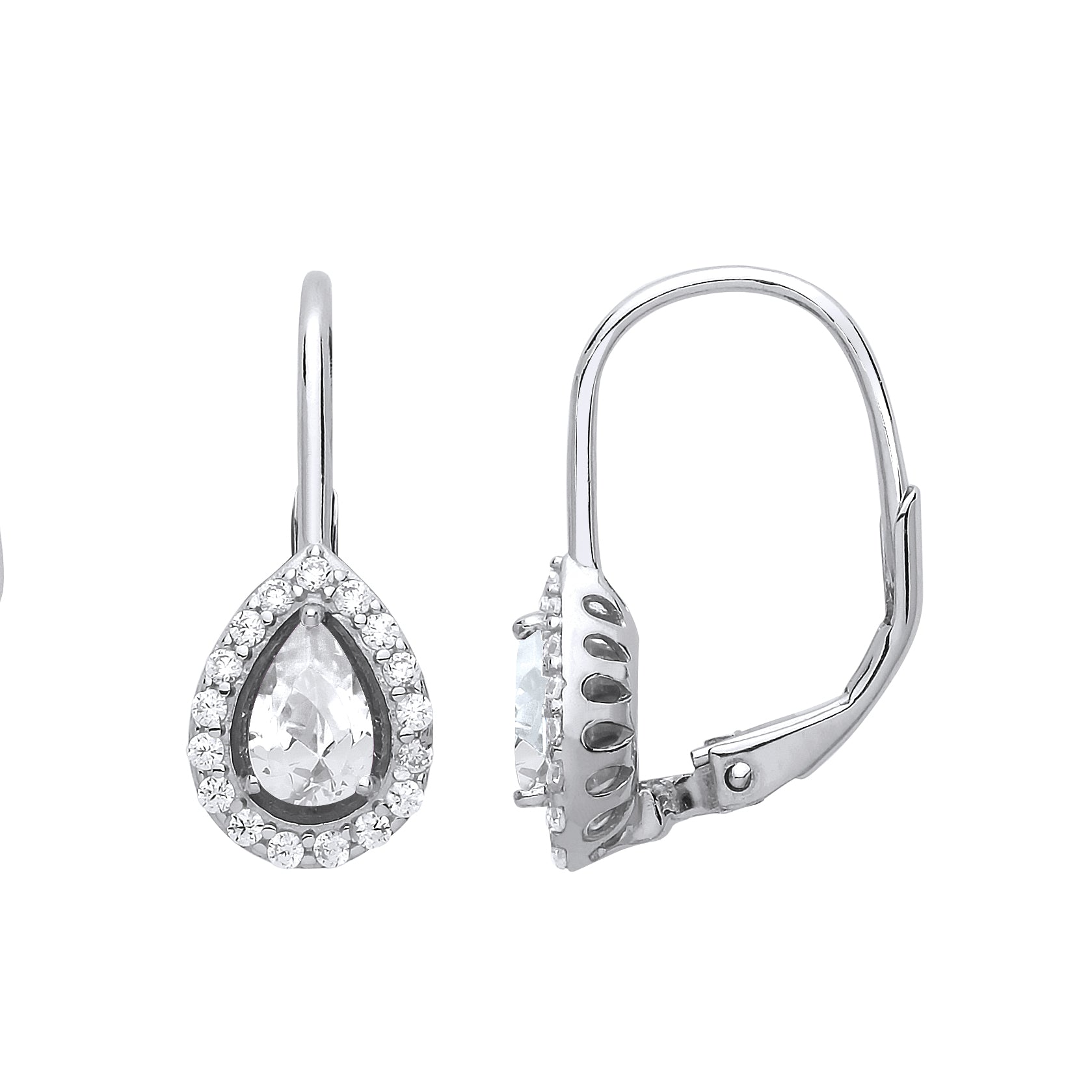 Sterling Silver Pear Halo Drop Earring