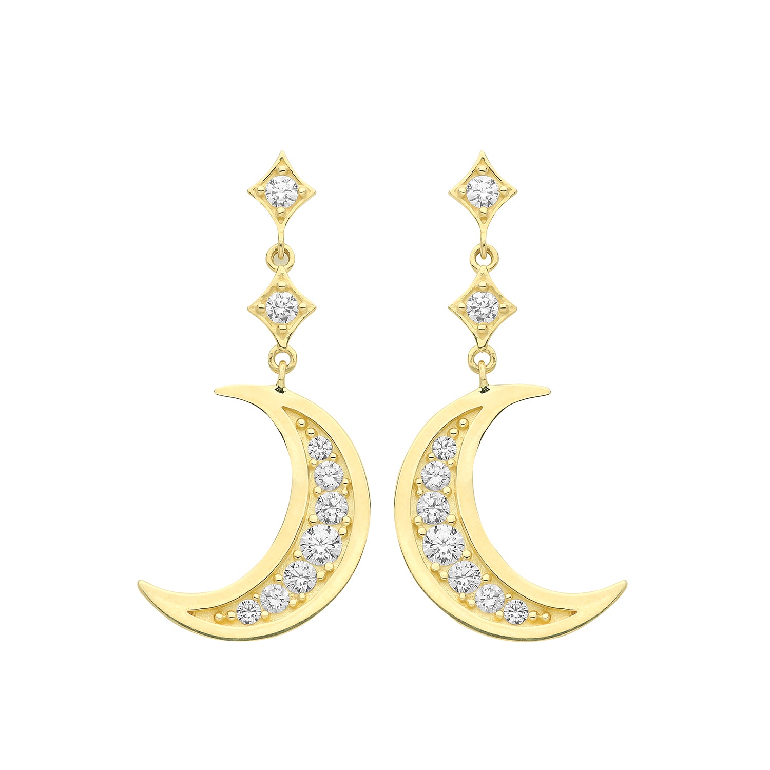 9ct Yellow Gold Large Moon CZ Drop Earrings