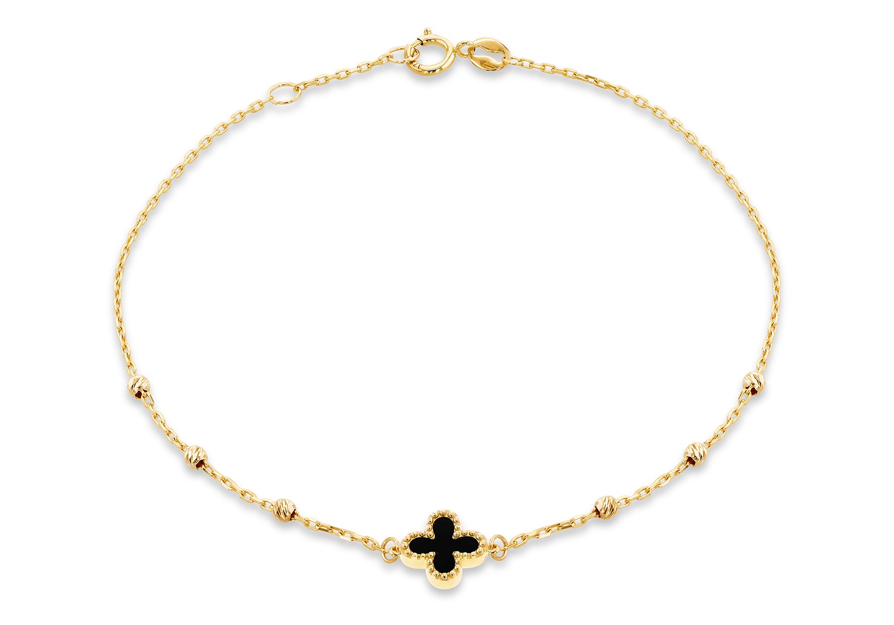 9ct Yellow Gold Onyx Beaded Clover Bracelet
