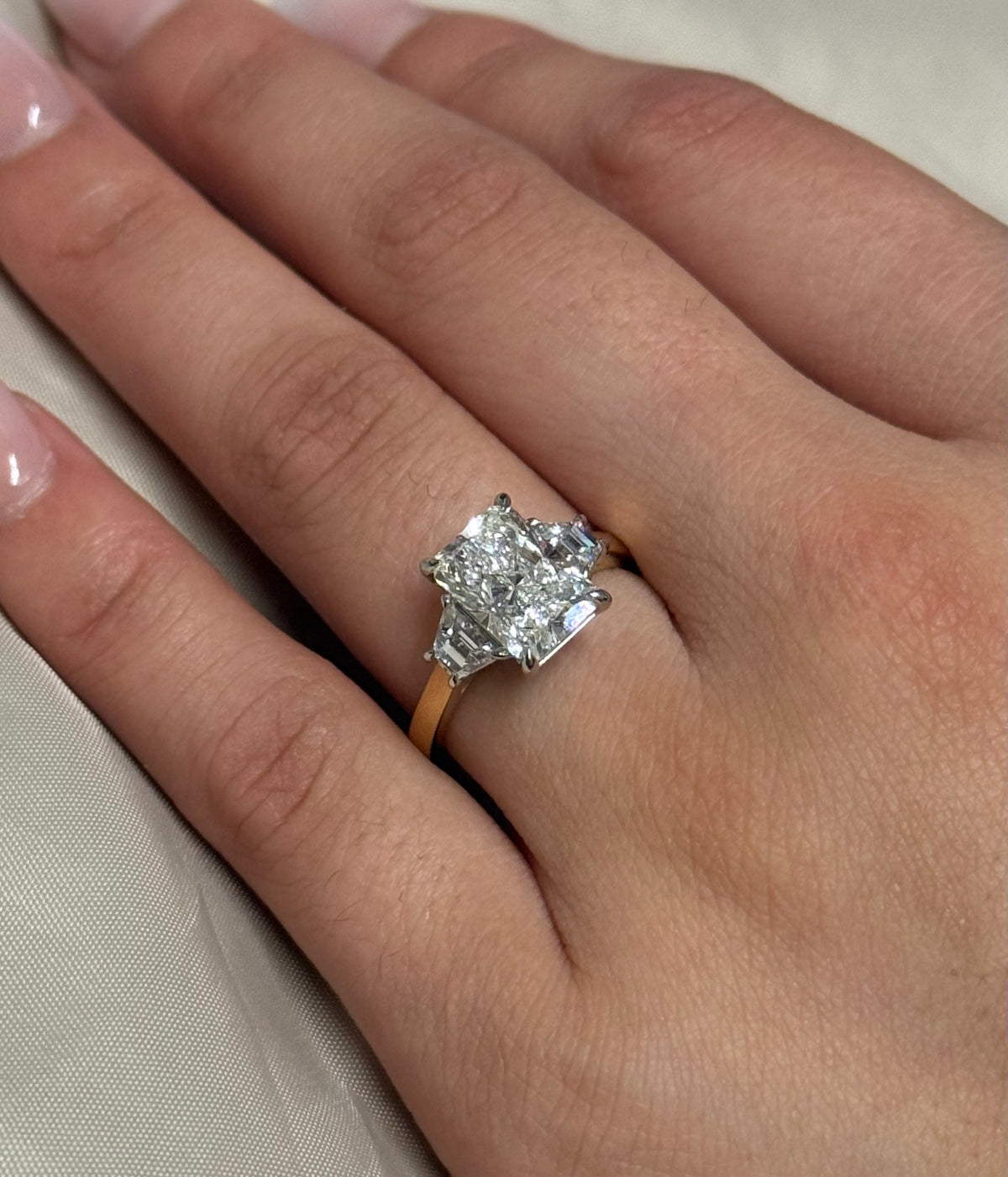 18K Yellow Gold 3.69ct Laboratory Grown Radiant and Trapezoid Centurion Three Stone Ring