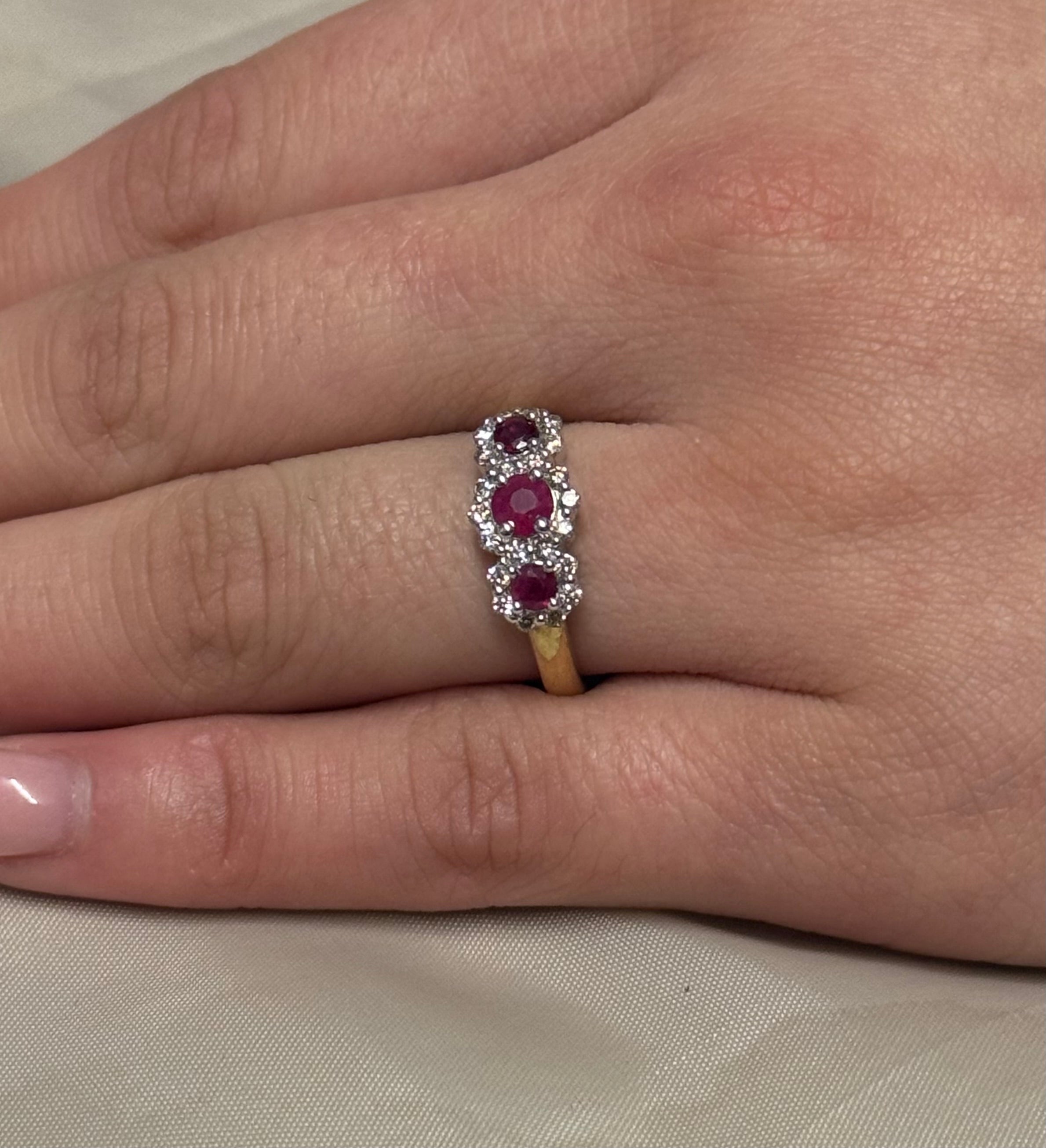 9K Yellow Gold Round Ruby Three Stone with Diamond Halo