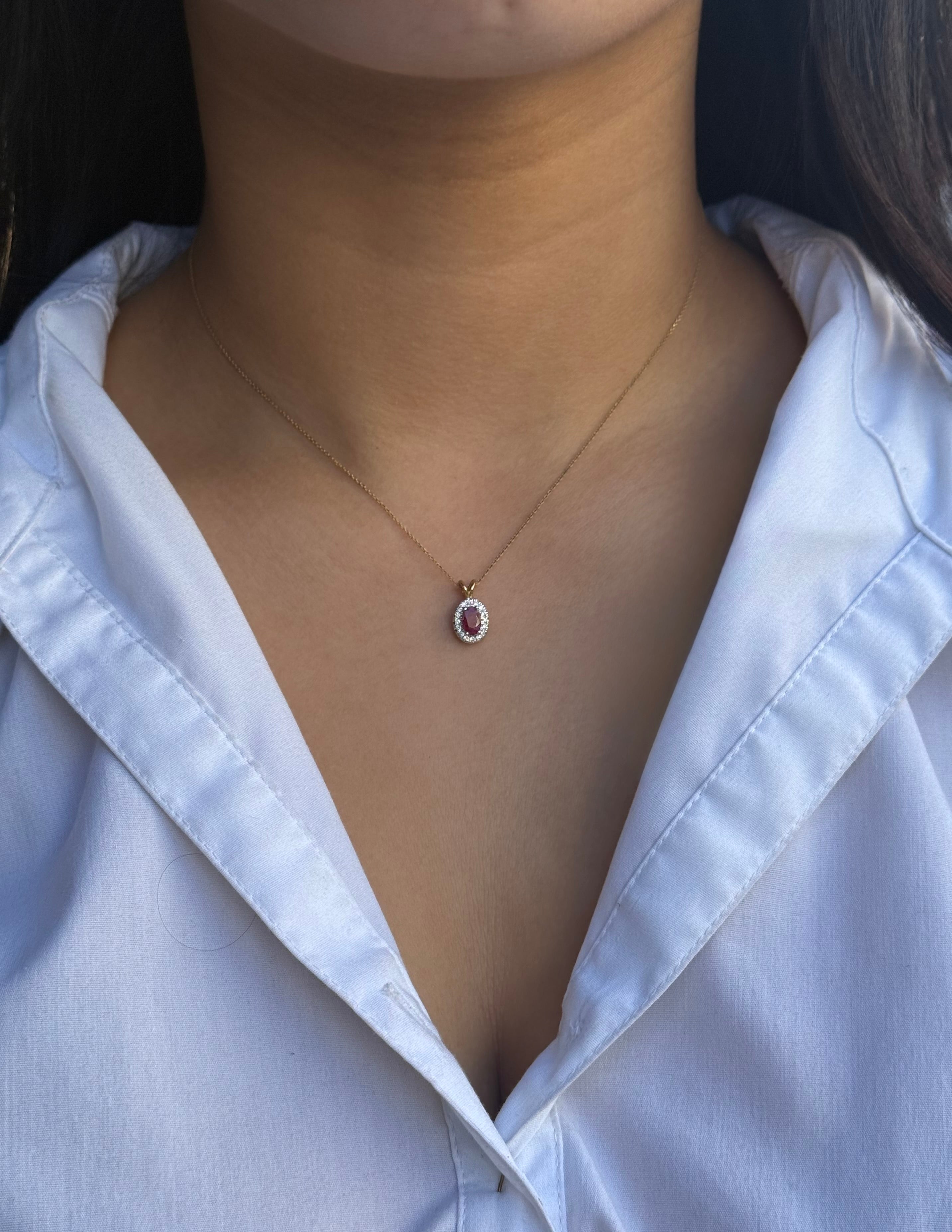9ct Yellow Gold Ruby & Diamond Oval Halo Necklace