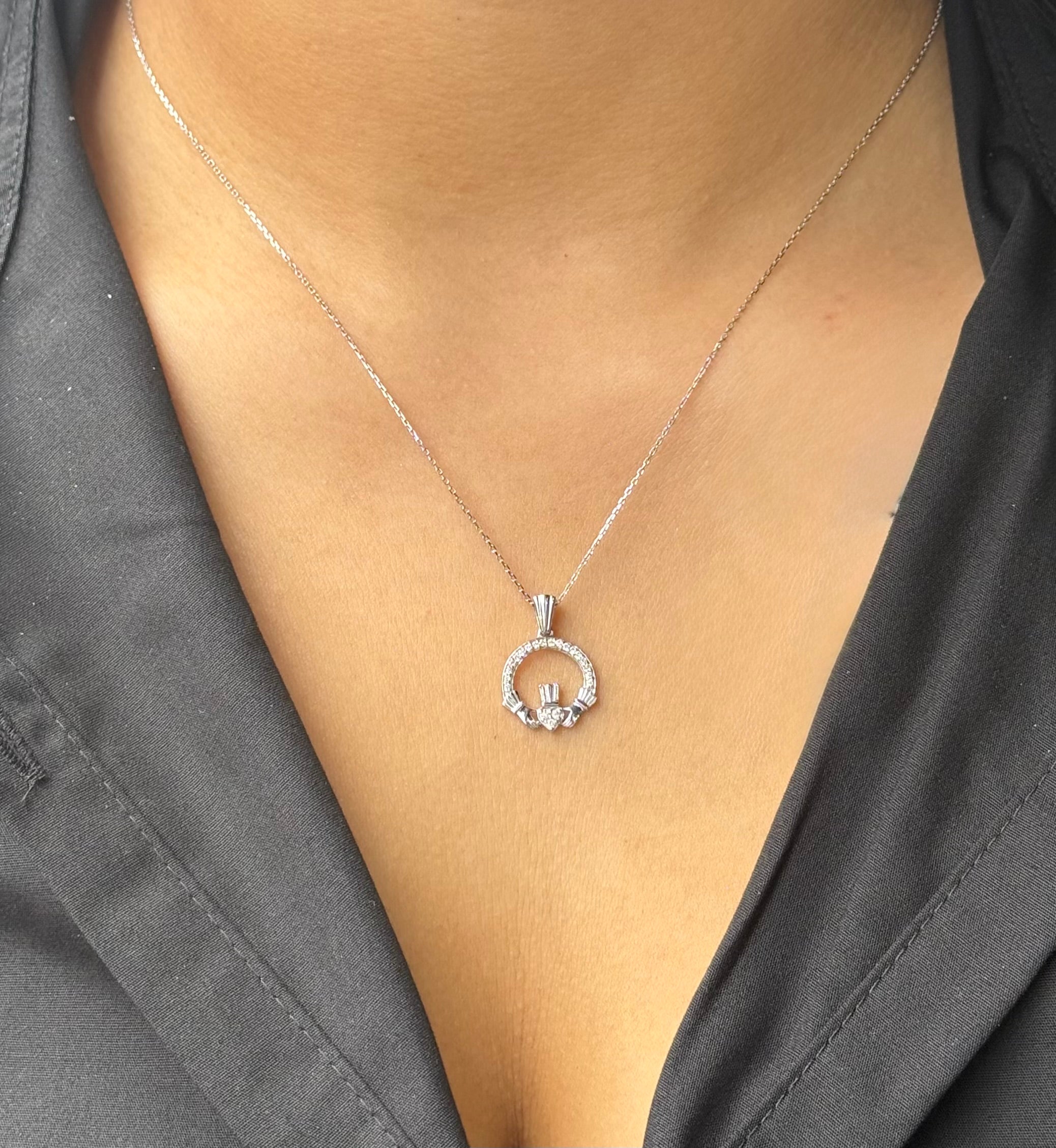 9ct White Gold Diamond Claddagh Medium Pendant