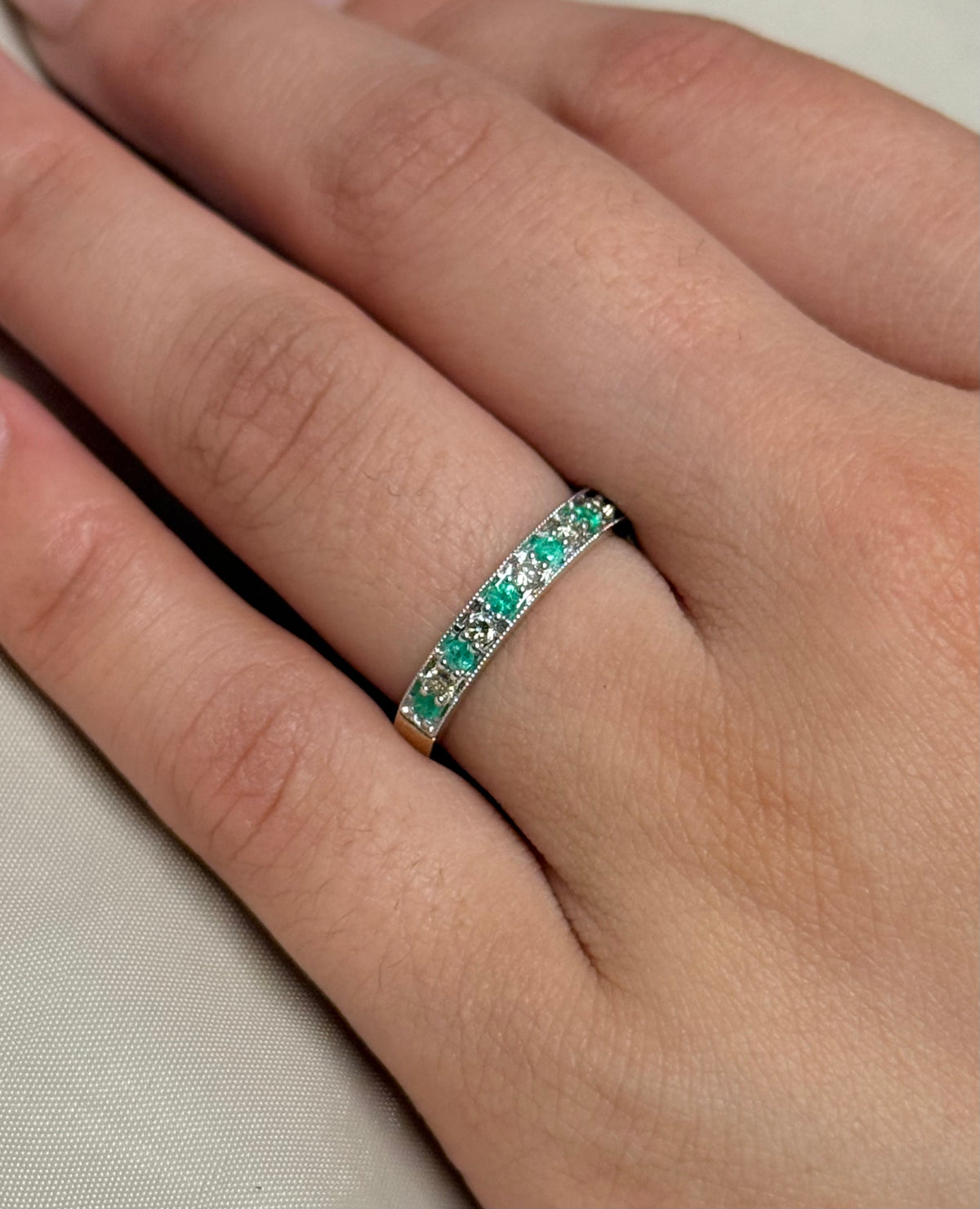 9K Yellow Gold Emerald and Diamond Milgrain Set Band
