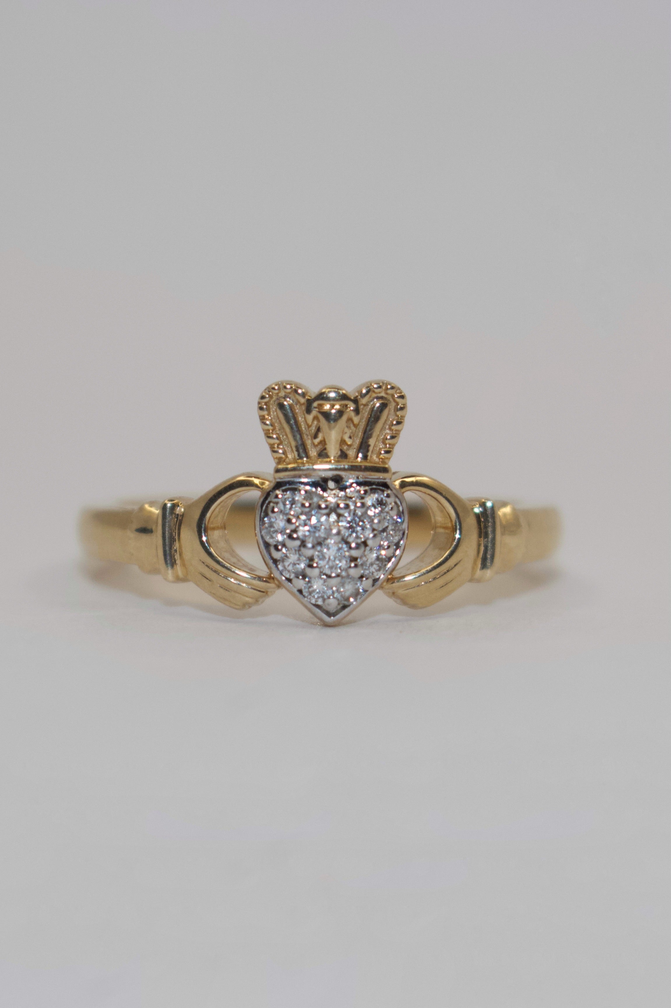 9K Yellow Gold Diamond Heart Claddagh Ring