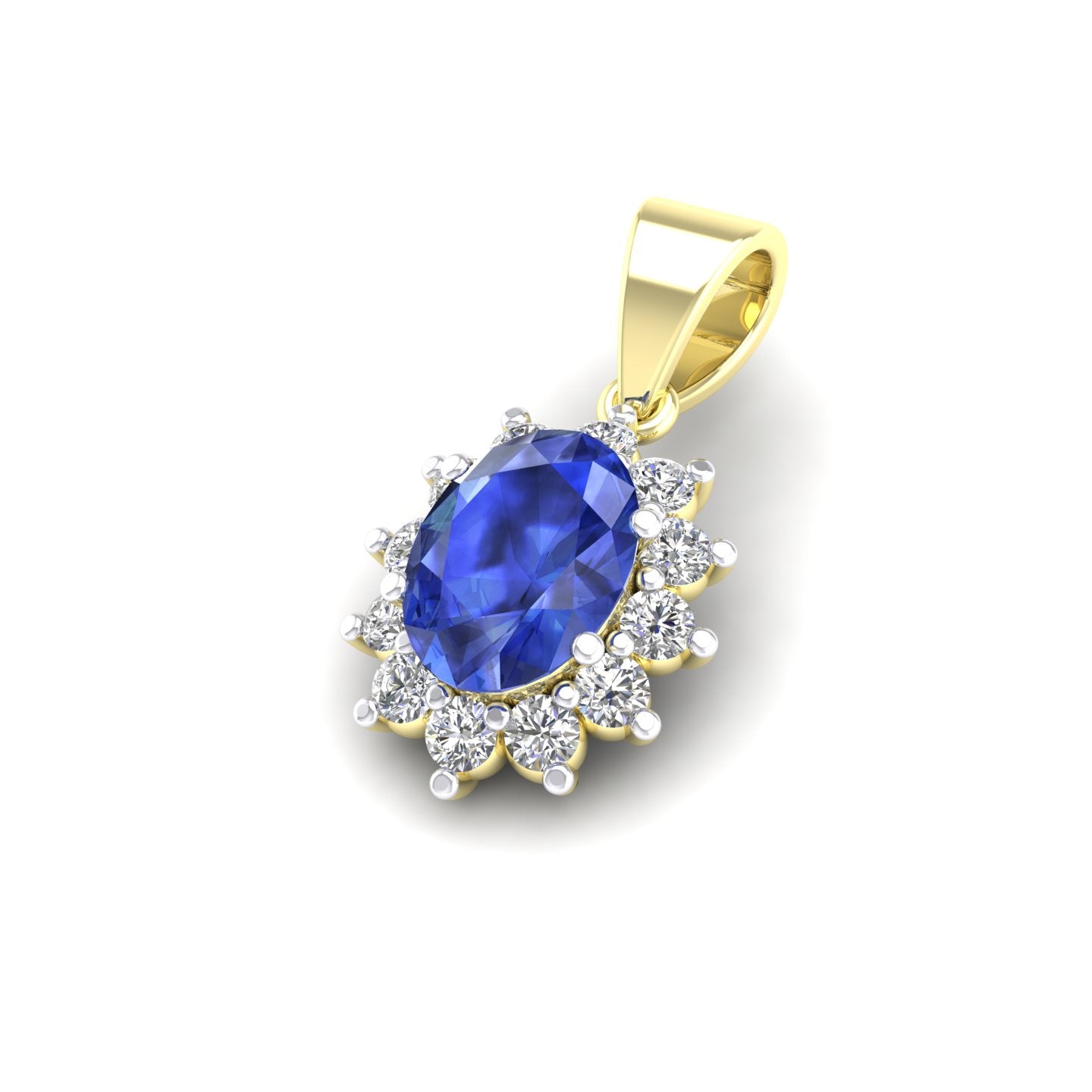 9ct Yellow Gold Oval Blue Stone Pendant with CZ Cluster
