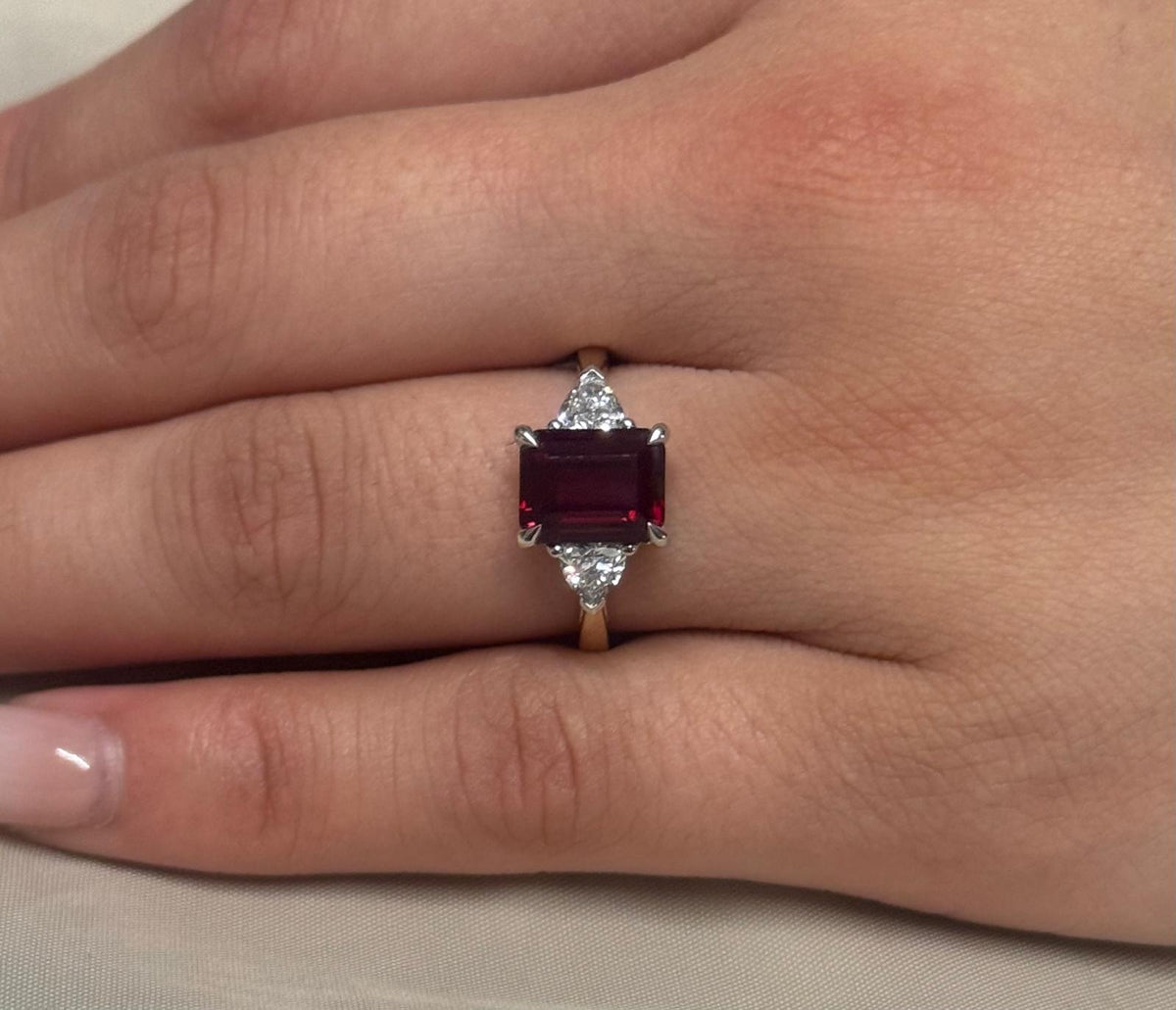 9ct Yellow Gold Lab-Grown Emerald Cut Ruby with Trillion Diamond Shoulders