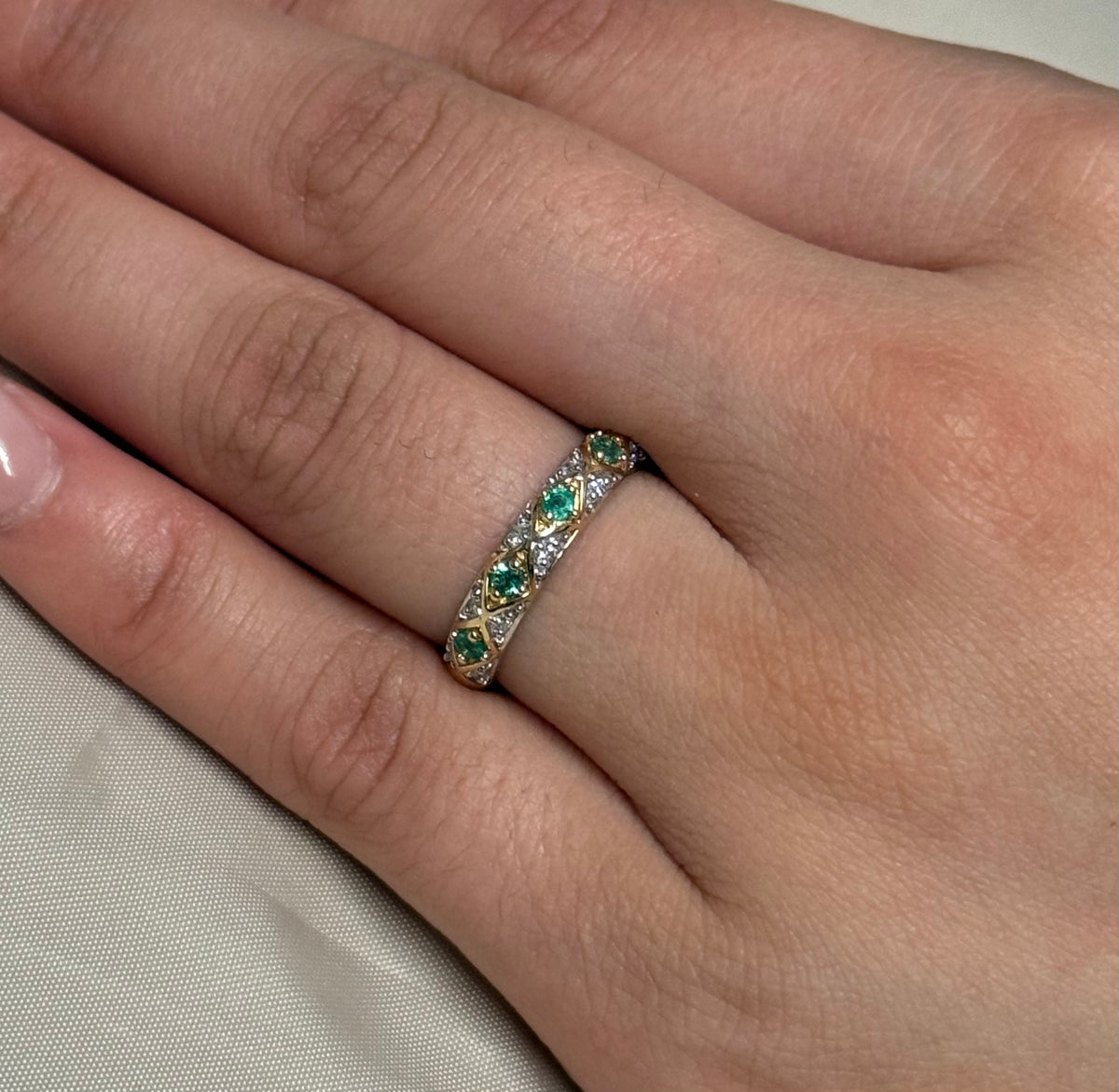 9K Yellow Gold Emerald and Diamond Vintage Style Band