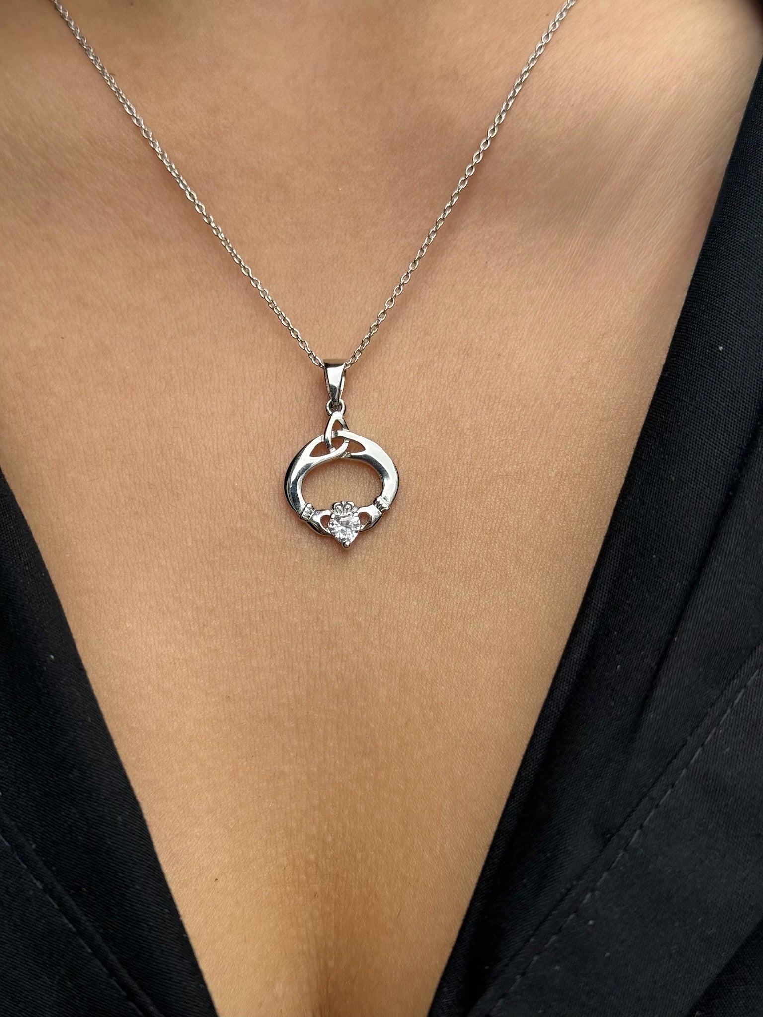 Sterling Silver April Birthstone Claddagh Pendant