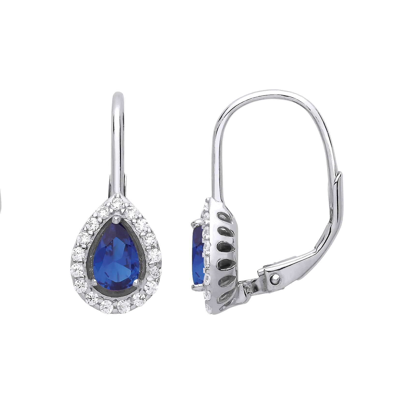Sterling Silver Blue Pear Halo Drop Earrings