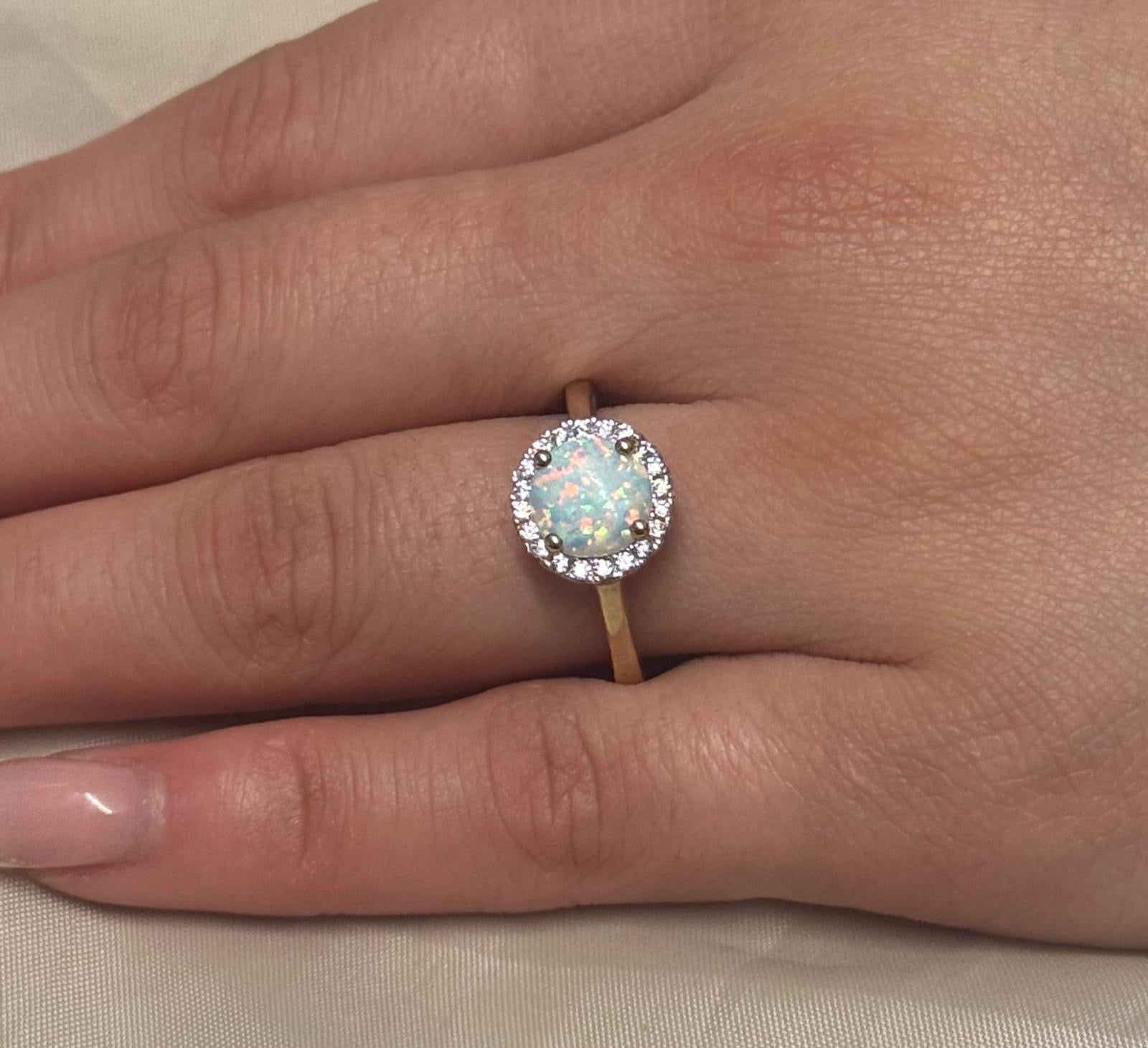 9K Yellow Gold Round Opal with CZ Halo Ring