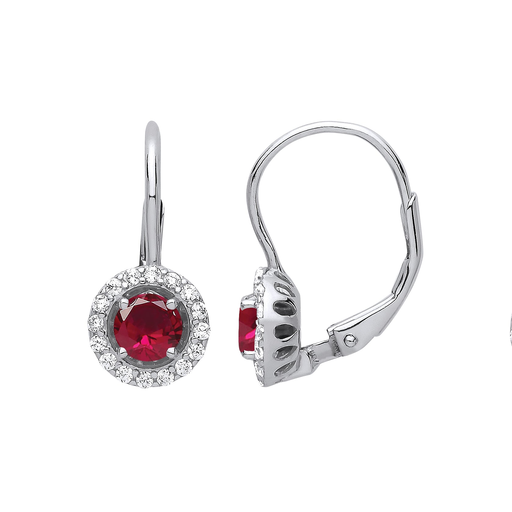 Sterling Silver Red Round Halo Drop Earrings