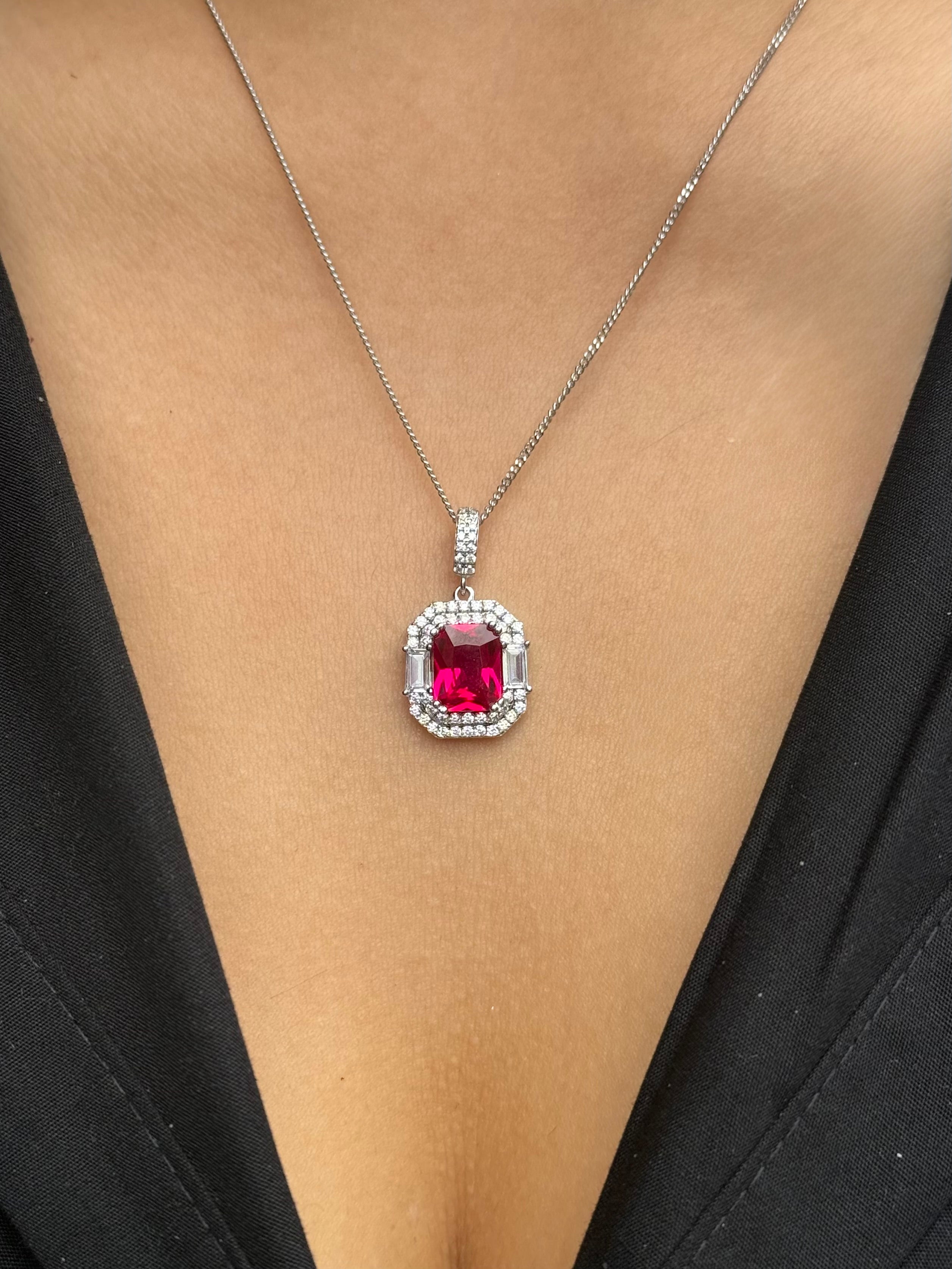 Sterling Silver Red Cz Emerald Cut Halo Pendant
