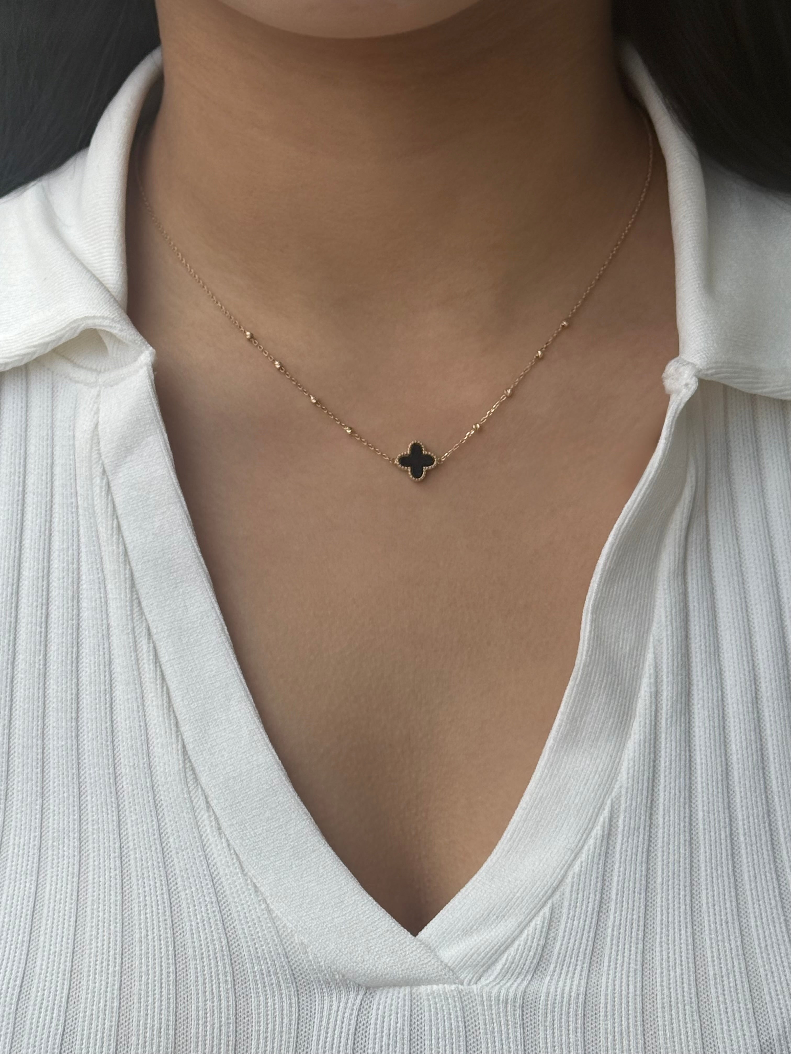 9ct Yellow Gold Onyx Clover Ball Necklace