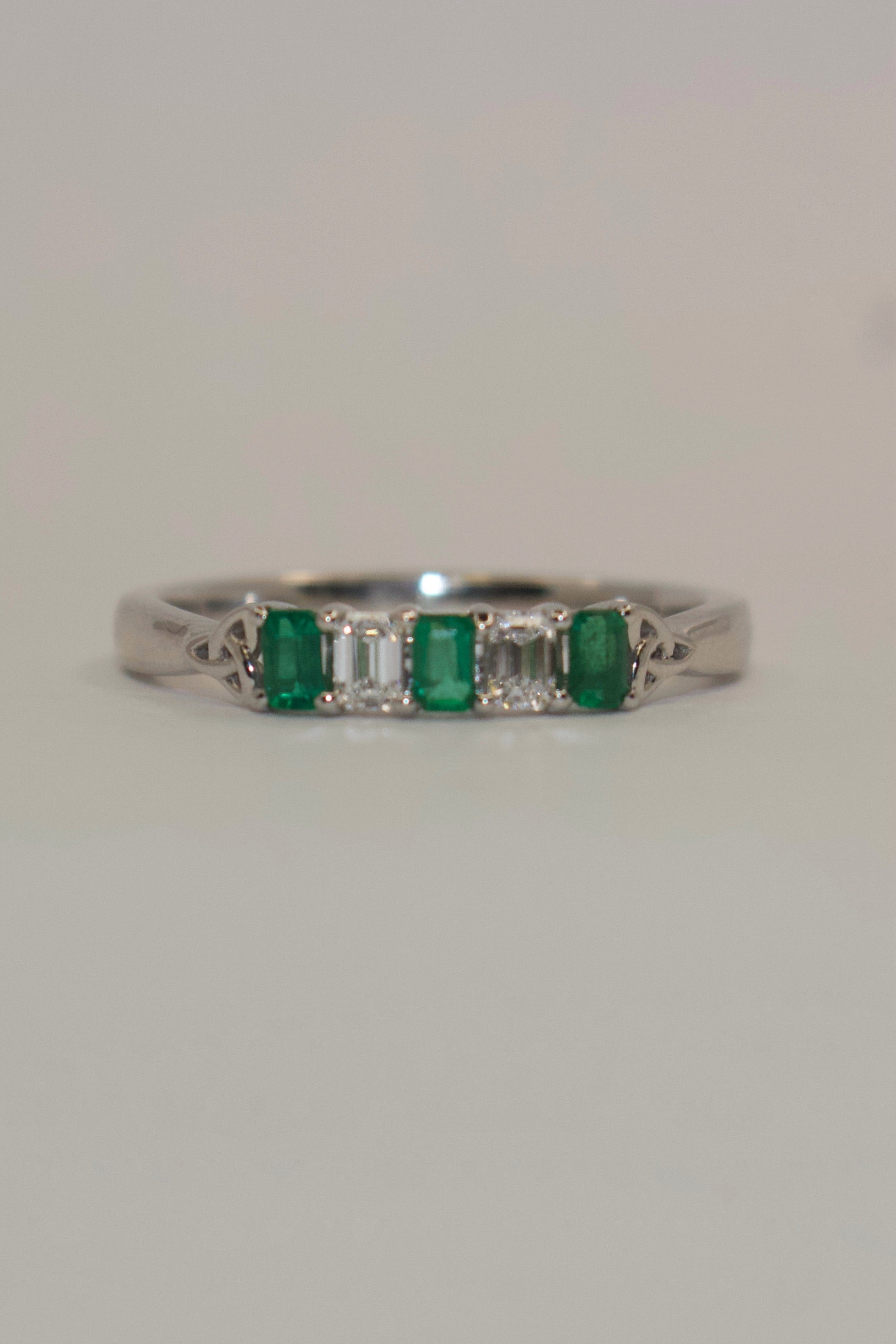 9K White Gold Five Stone Emerald Cut Laboratory Grown Emerald and Diamond Ring with Trinity Accent