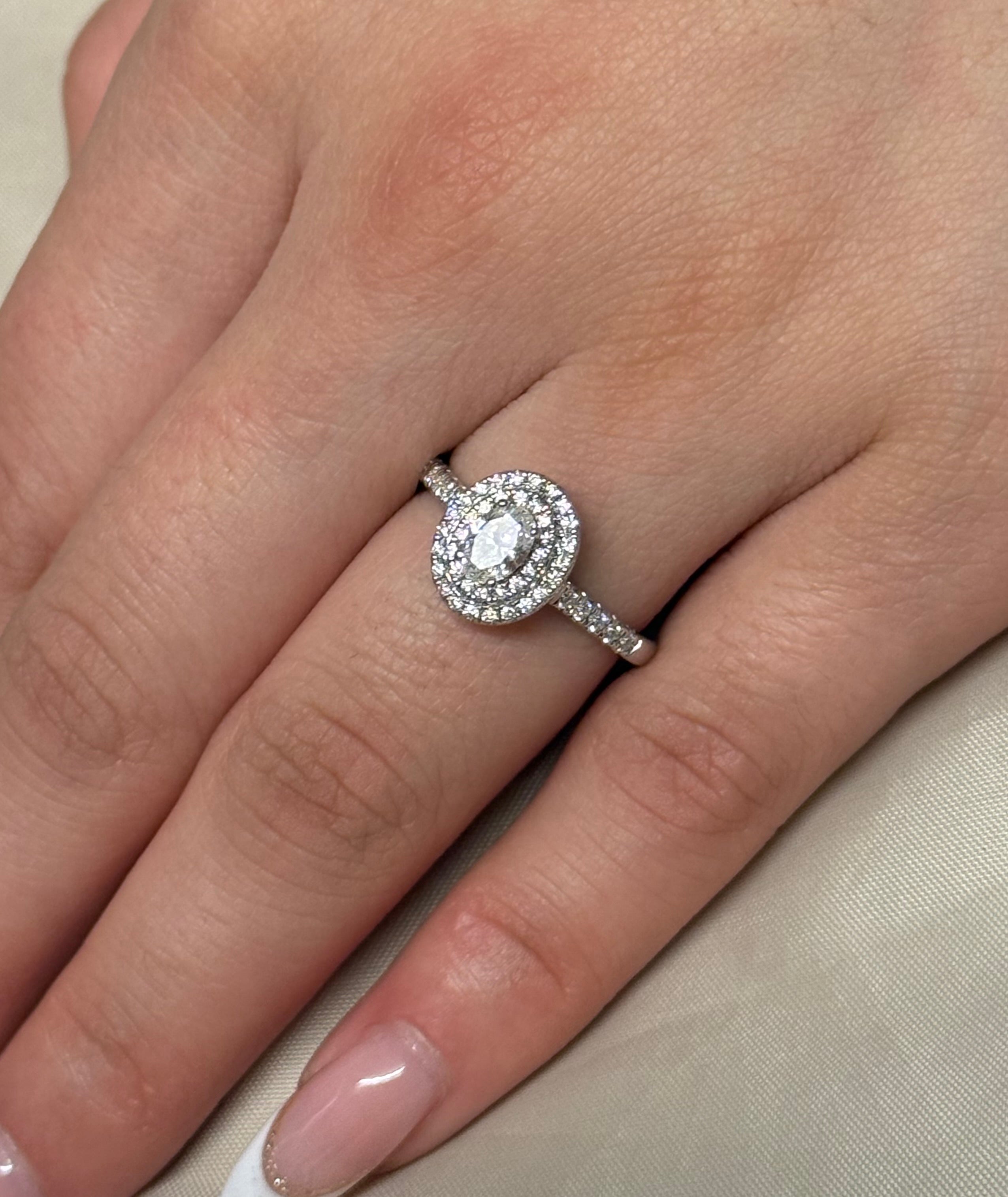 18K White Gold Oval Double Halo with Diamond Band
