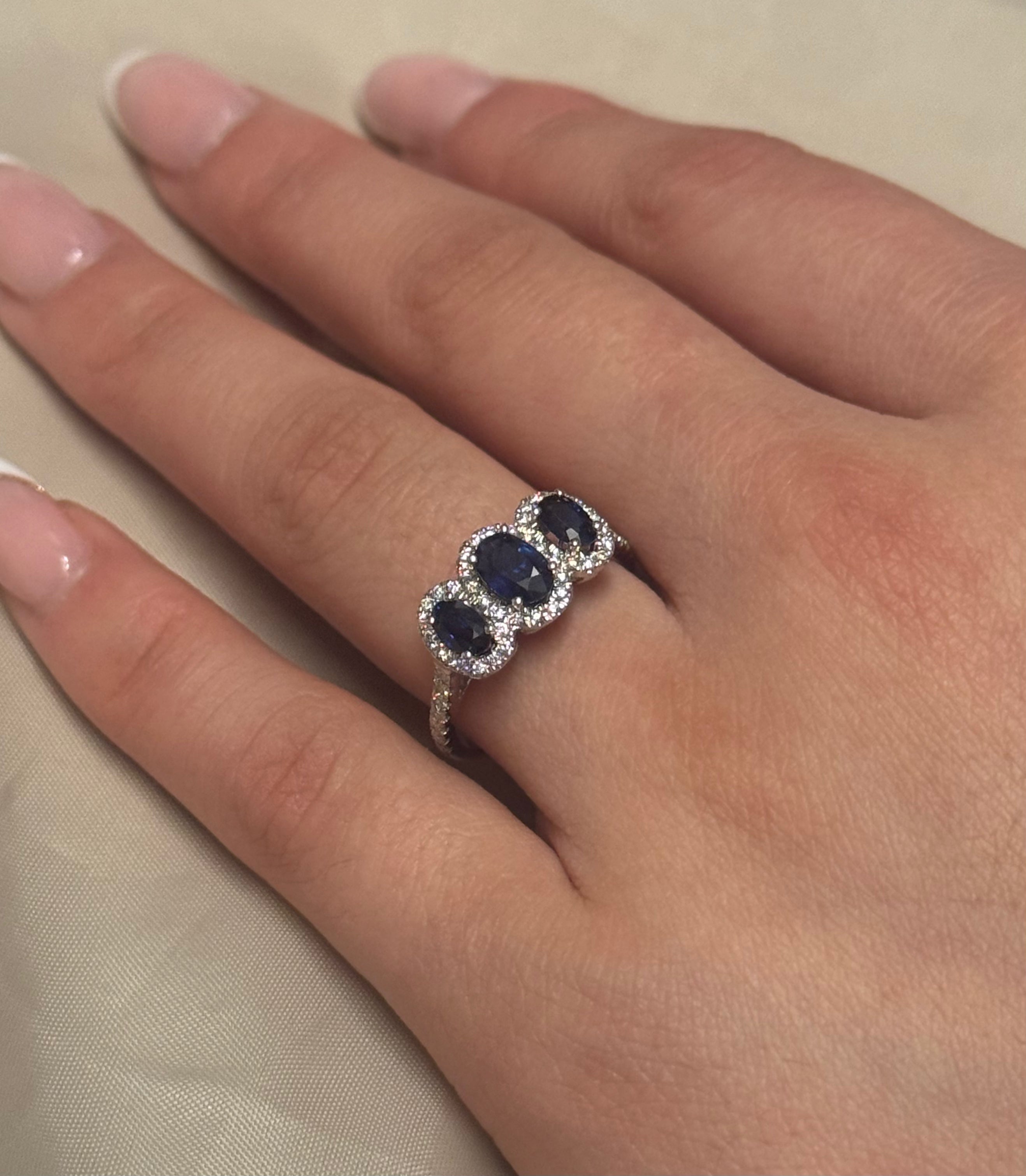 9ct Yellow Gold Three Stone Oval Sapphire and Diamond Halo Ring