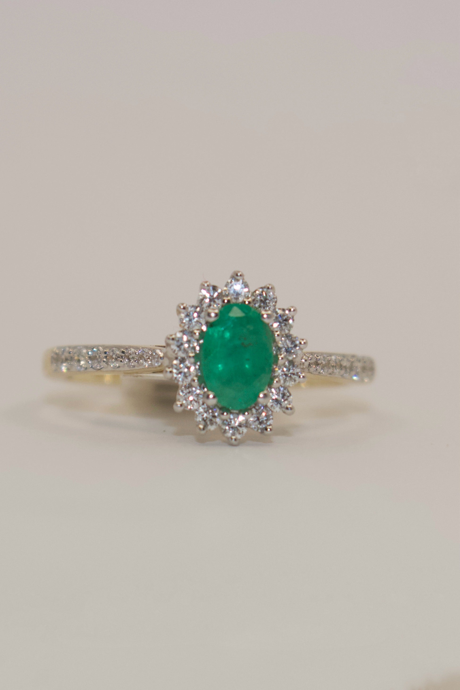 9K Yellow Gold Emerald and Diamond Cluster with Diamond Band