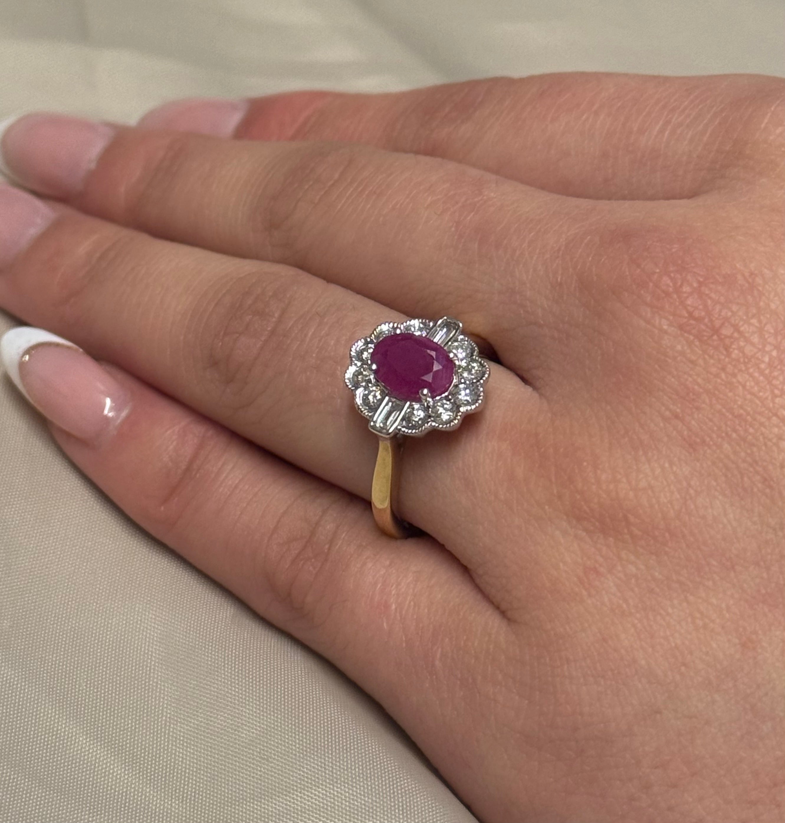 9K Yellow Gold Oval Ruby and Diamond Cluster with Baguette Side Stones