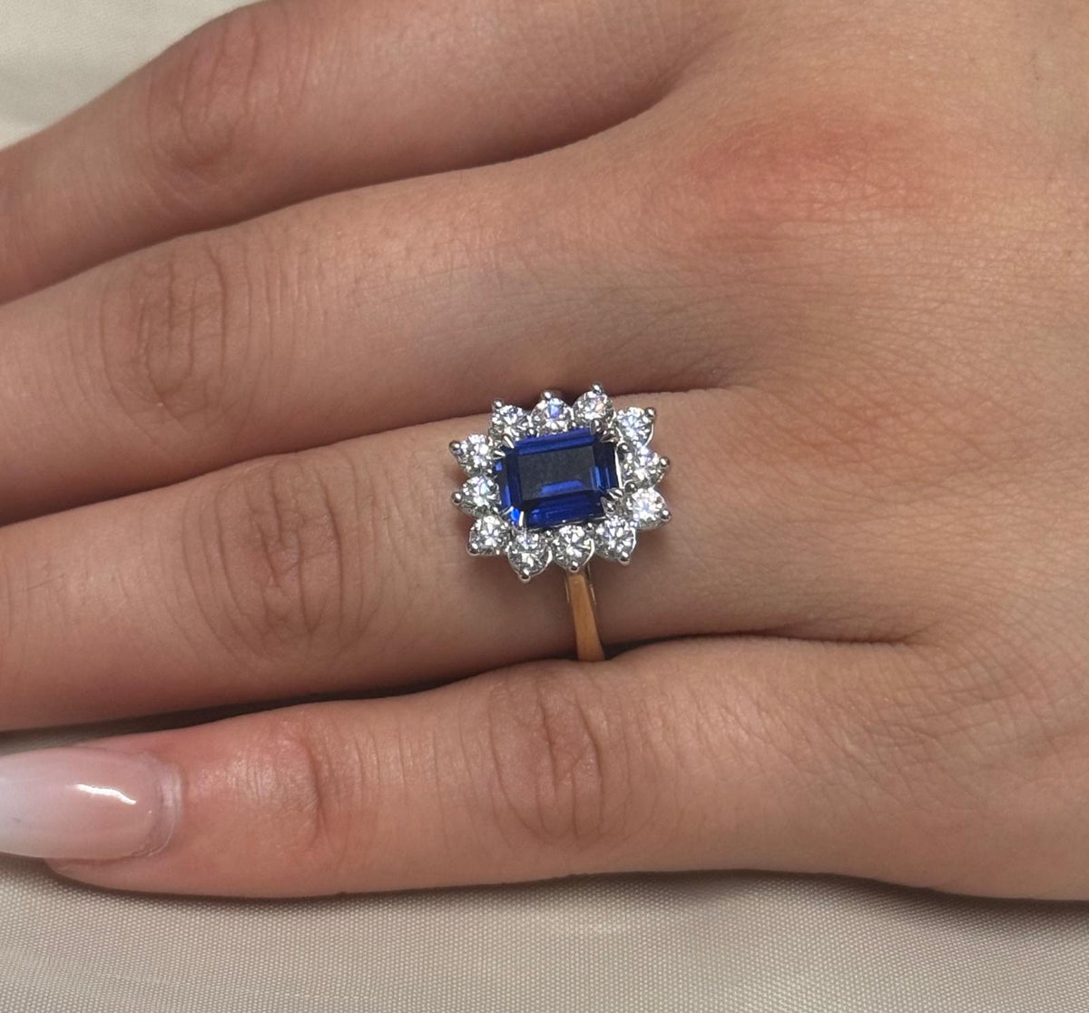 9ct Yellow Gold Lab Grown Emerald Cut Sapphire and Diamond Cluster Ring