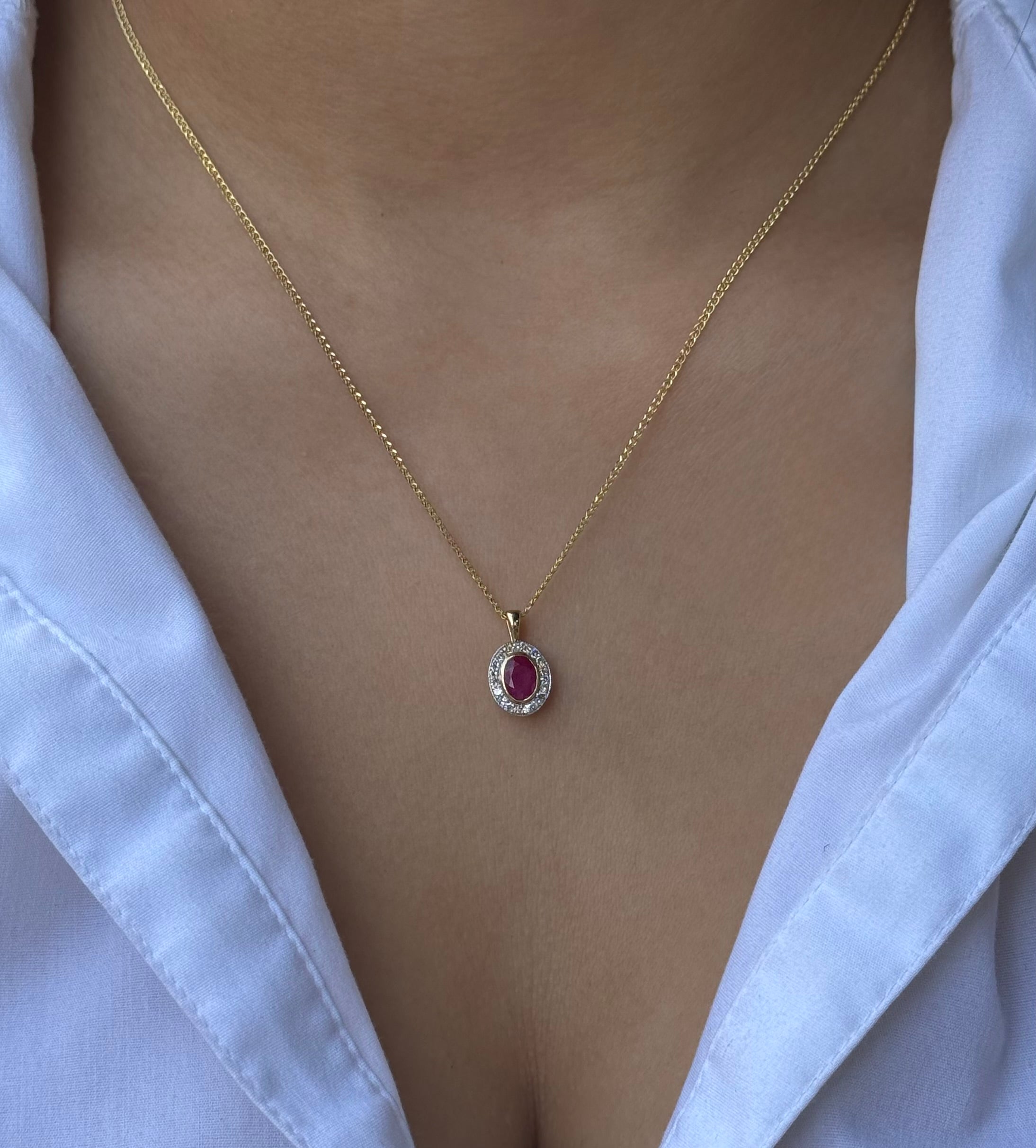 9ct Yellow Gold Ruby & Diamond Oval Halo Necklace