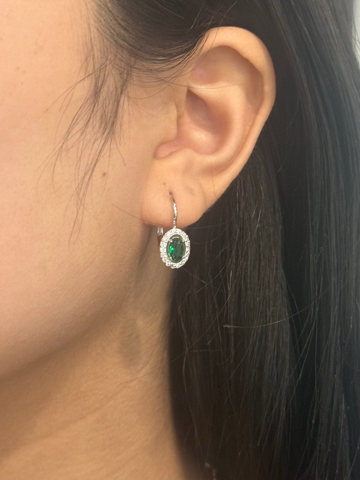 Sterling Silver Green Cz Oval Drop Earrings