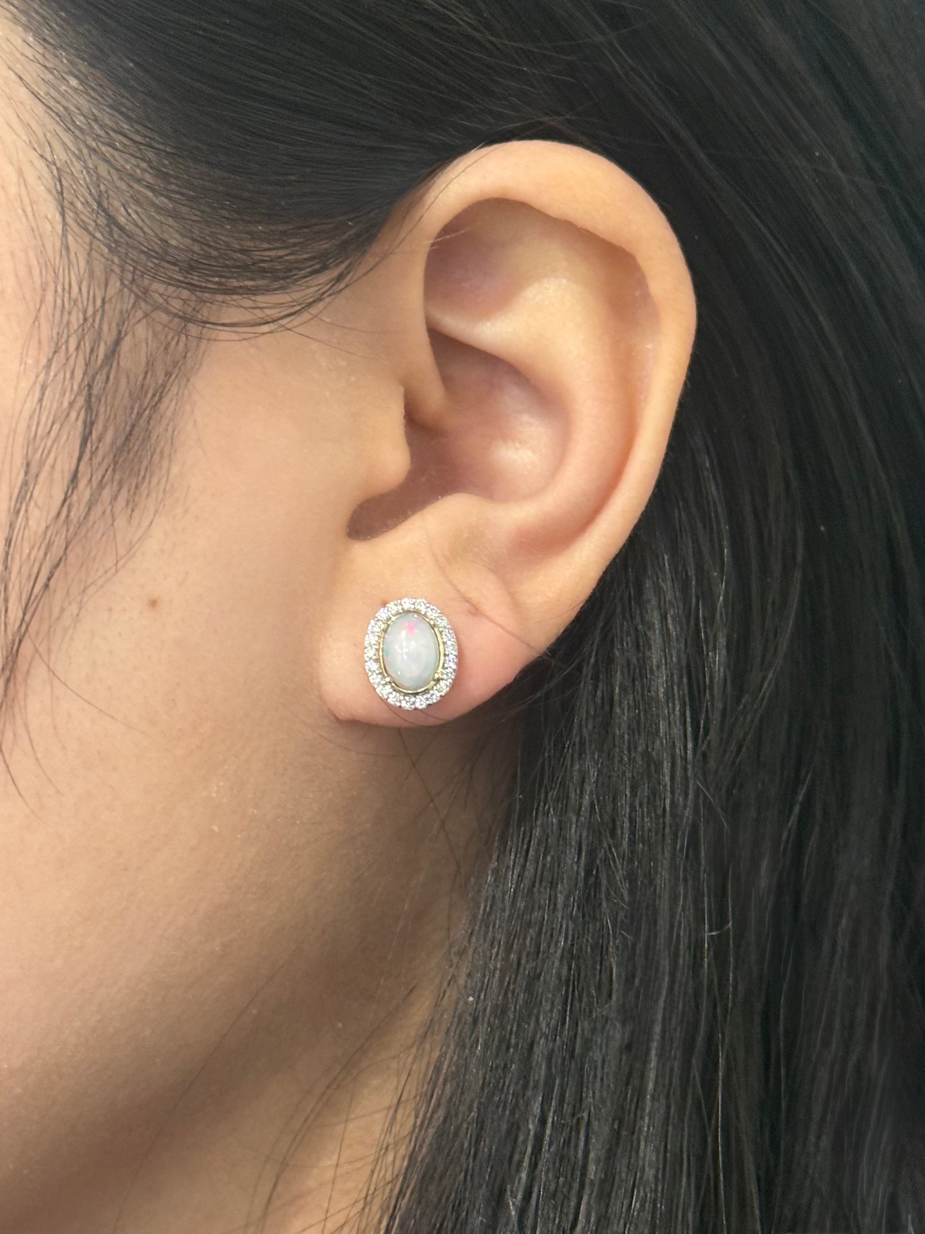 9ct Yellow Gold Opal & Diamond Halo Earrings