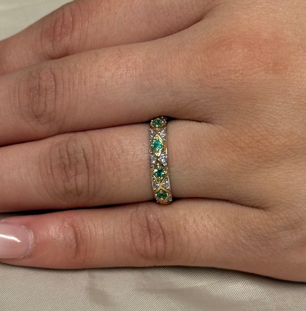 9K Yellow Gold Emerald and Diamond Vintage Style Band